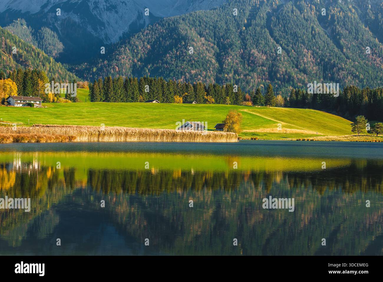 Vista del tranquillo lago che riflette montagne e alberi nei colori autunnali, una tranquilla scena della bellezza della natura, Krun, Baviera, Germania. Foto Stock