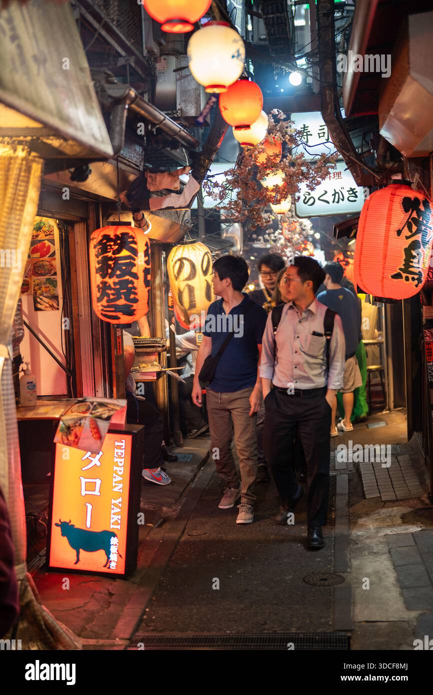 Tokyo, Giappone - 16 maggio 2024: Vista di lanterne vibranti che proiettano un caldo bagliore sugli stretti e animati vicoli della Memory Lane di Shinjuku. Foto Stock