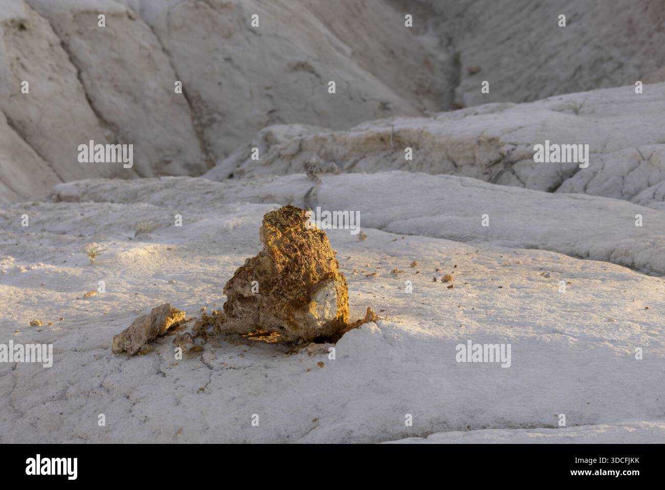 Vista di una roccia ocra seduta su un terreno bianco, bagnata dalla calda luce del sole, che mette in risalto le texture e il forte contrasto, Senek, regione di Mangystau, Kaz Foto Stock