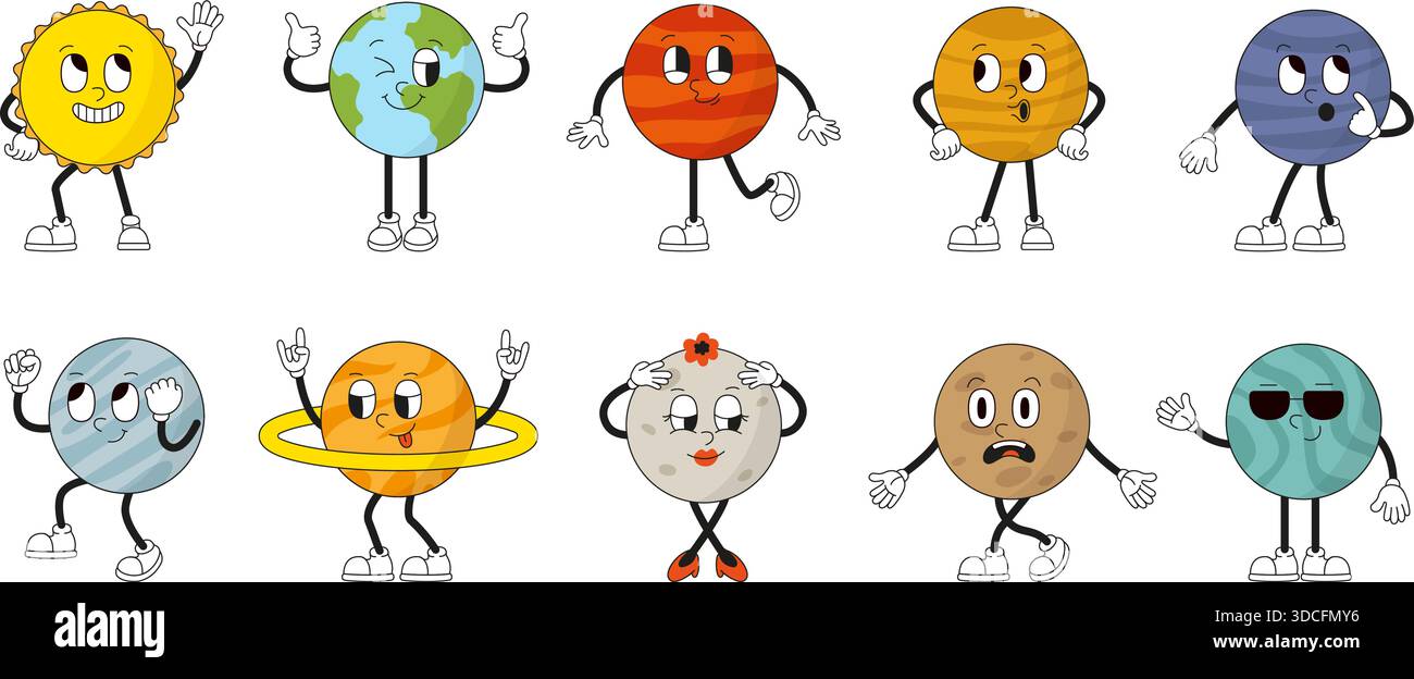 Personaggi del pianeta solitario. Pianeti del sistema solare vintage con facce divertenti. Terra positiva, sole, venere, saturno, plutone, marte. Vettore neoterico isolato Illustrazione Vettoriale