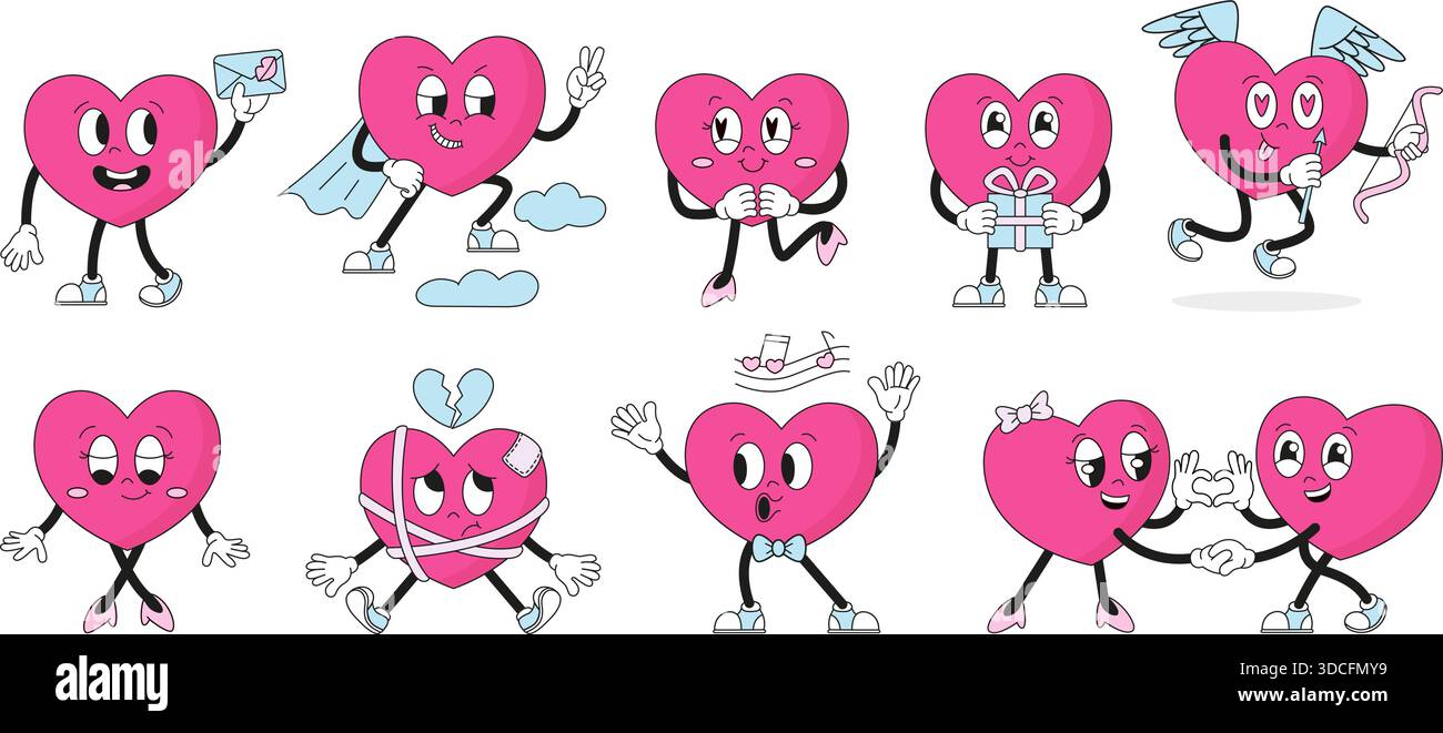 Cuori in stile retrò. Supereroe di Groovy Heart, romantico donna e maschio, che canta. Creature del giorno di San Valentino, divertenti mascotte d'amore, neoteriche Illustrazione Vettoriale