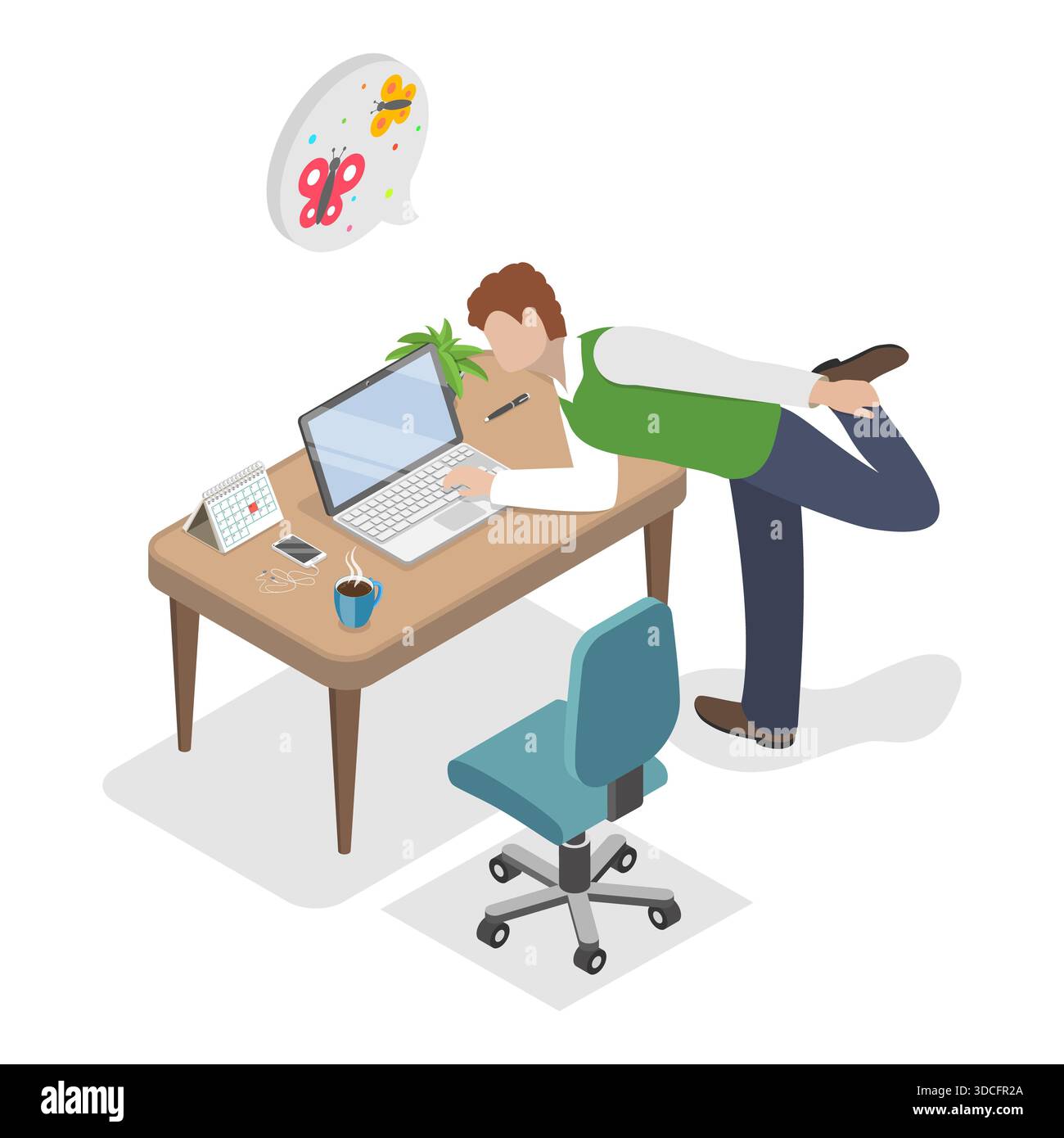 Illustrazione piatta isometrica 3D dell'esercizio al lavoro, facile allenamento in ufficio. Punto 2 Foto Stock