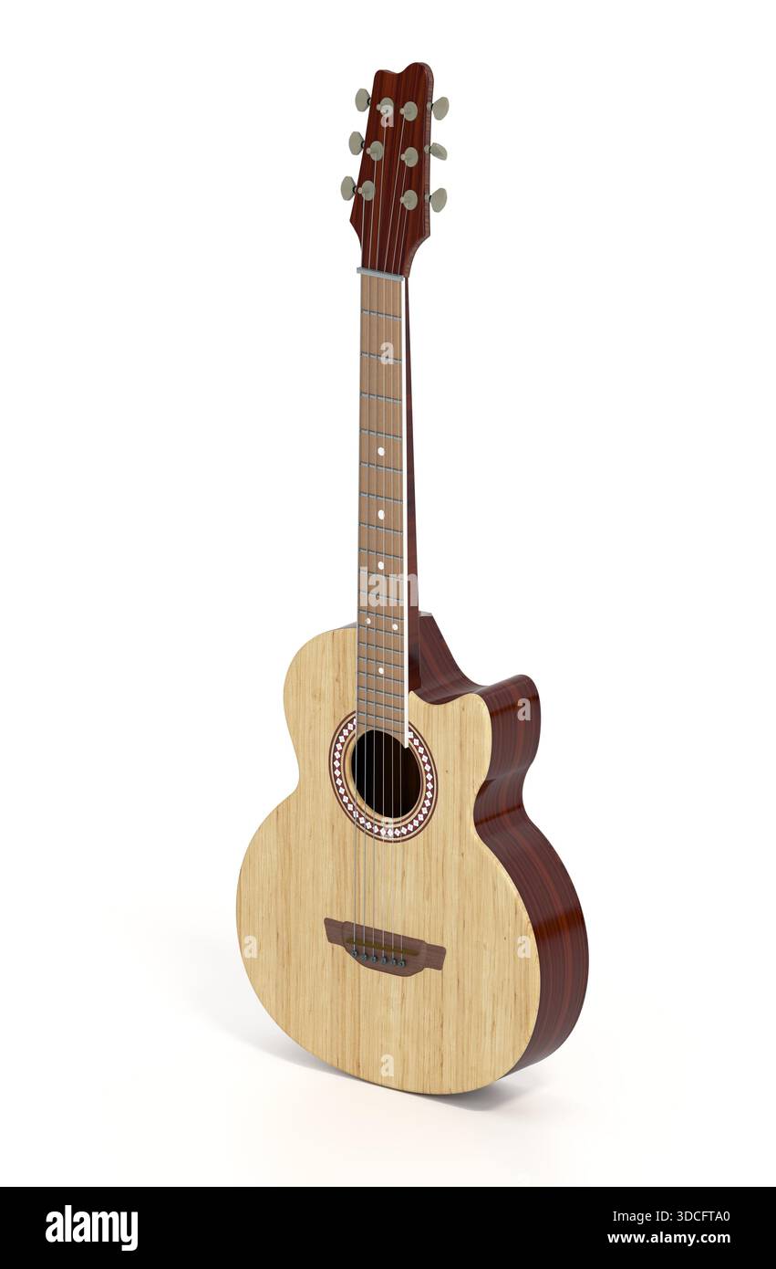 Chitarra classica isolata sul bianco. Illustrazione 3D. Foto Stock