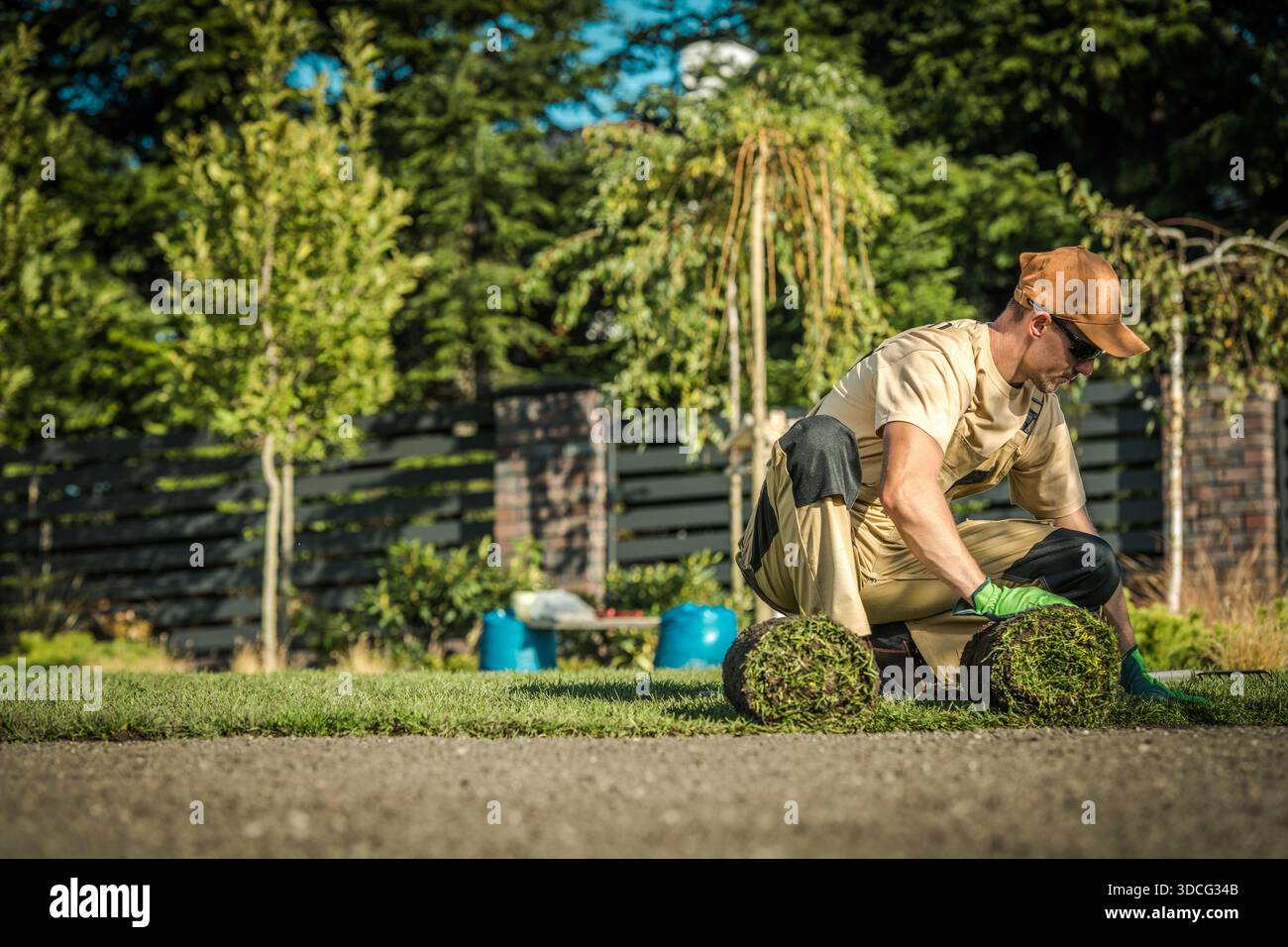 Un uomo pianta il bidone a terra in un giardino indossando guanti e un berretto. Si concentra sul compito. Foto Stock