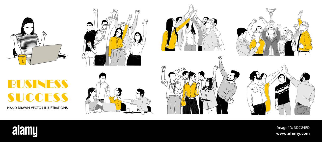 Set di business che celebrano il successo del lavoro di squadra Illustrazione Vettoriale