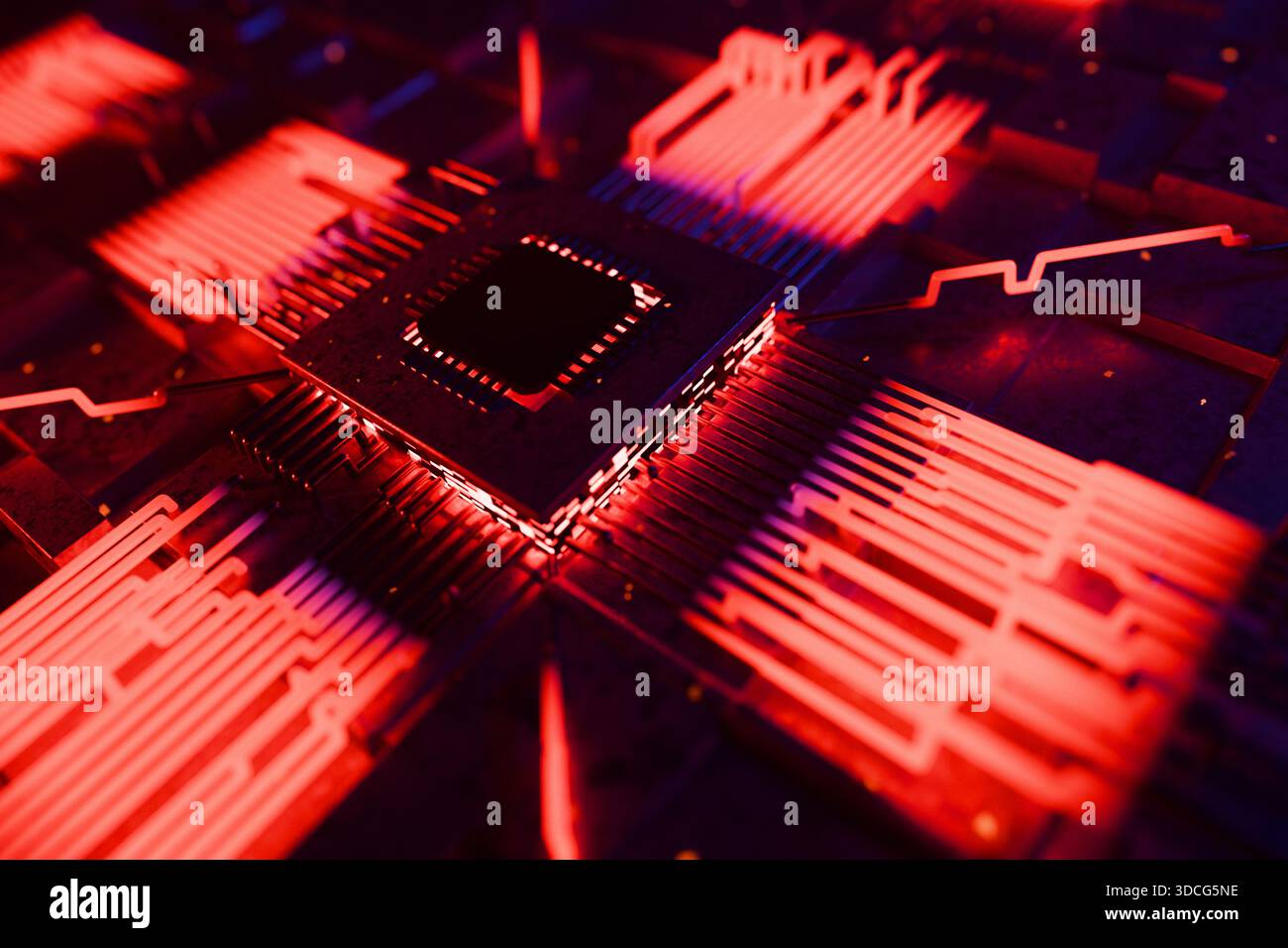 Concetto di CPU dei processori per computer centrali. rendering 3d, immagine concettuale. vista ravvicinata di una scheda a circuito stampato per computer con gpu circondata da vario Foto Stock