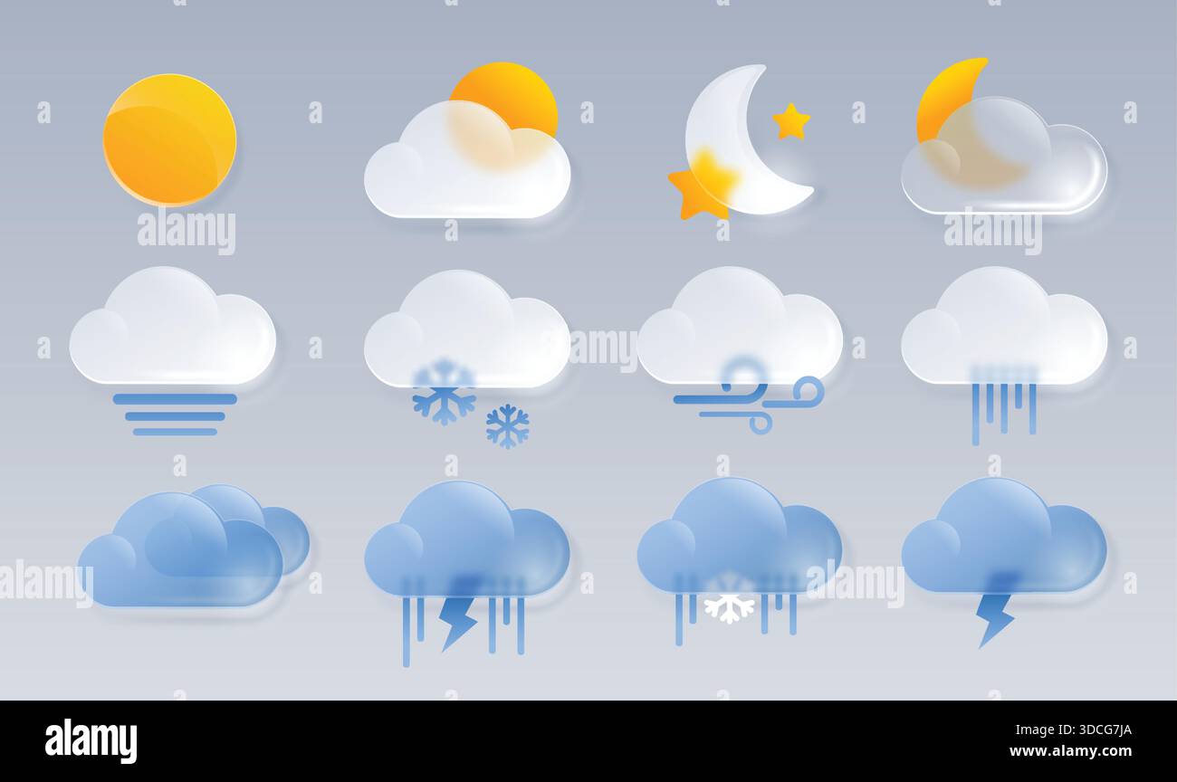 Icone meteorologiche in vetro con sole cristallino, nuvole e mezzaluna per l'interfaccia utente dell'app di previsione, widget clima design meteorologico minimale in stile pneumatico lucido. Set di vettori traslucidi per temperatura, pioggia e vento Illustrazione Vettoriale
