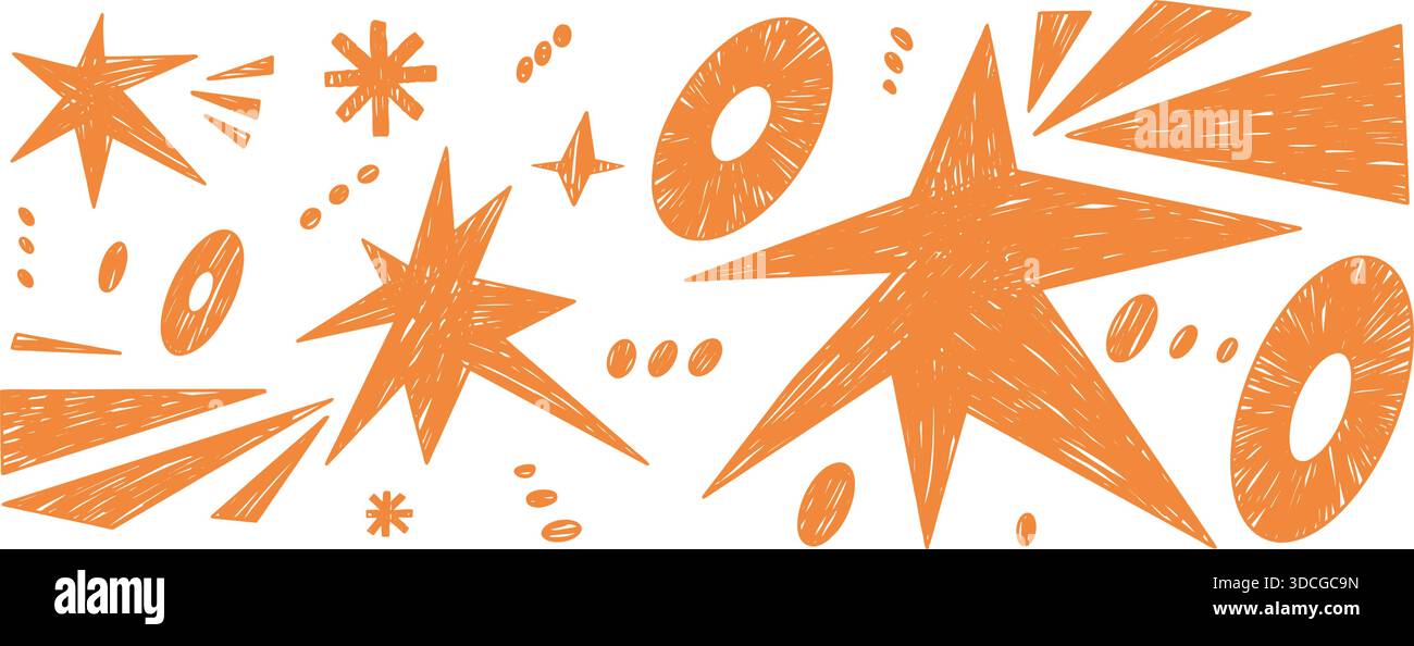 Forma a pastello con stelle disegnate a mano. Pennello pastello arancione cosmo figure geometriche, stella, triangoli, scintille. Divertenti adesivi per comete doodle, bambini Illustrazione Vettoriale