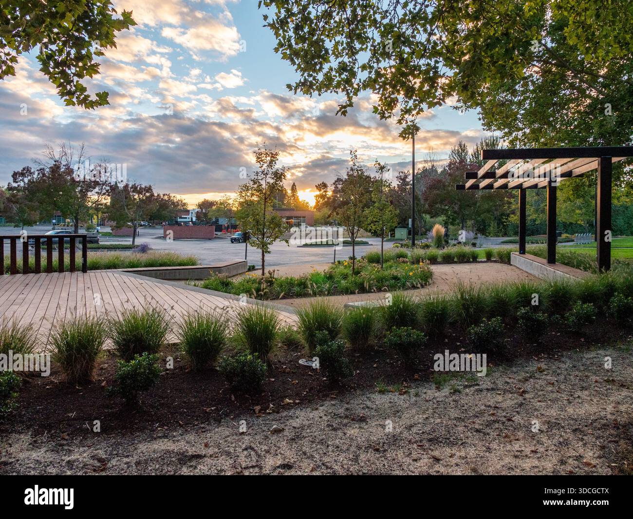 Vista del tranquillo parco, dove la luce soffusa del sole del tardo pomeriggio bagna i giardini paesaggistici in una tonalità dorata, Apollo Park, Oregon, Stati Uniti Foto Stock