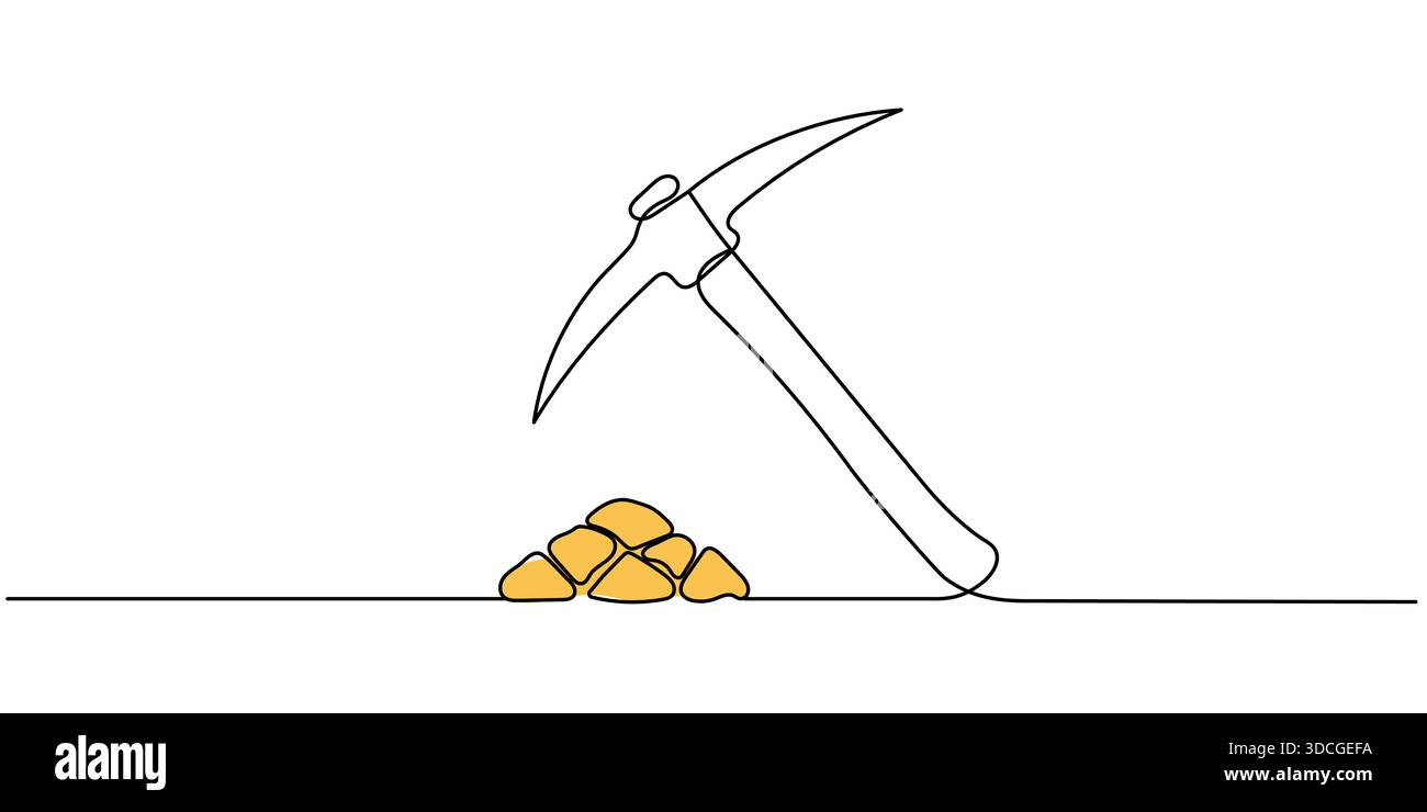 Linea continua che disegna il piccone e l'oro del minatore. Traccia modificabile. Illustrazione Vettoriale