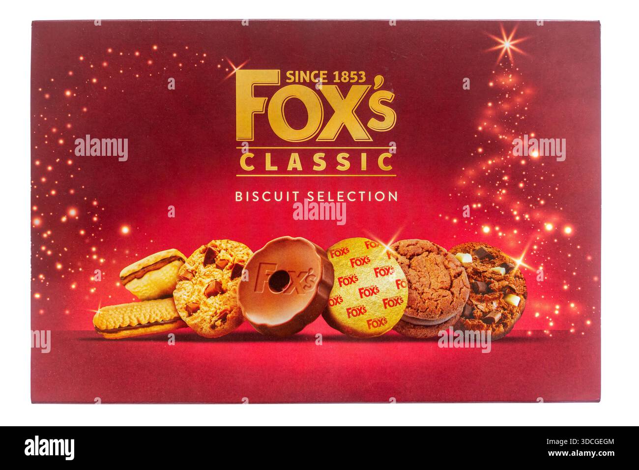 Scatola di biscotti Fox's Classic a scelta isolata su sfondo bianco Foto Stock