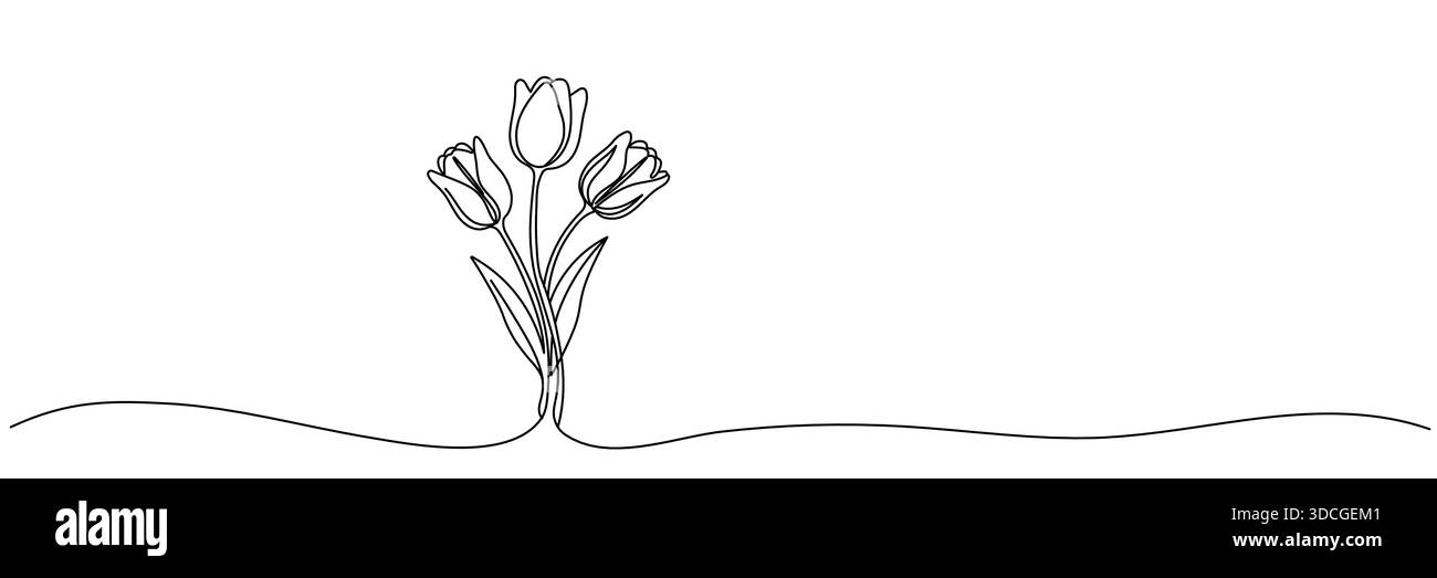 Tre tulipani. Fiori. Traccia modificabile linea continua. Illustrazione Vettoriale