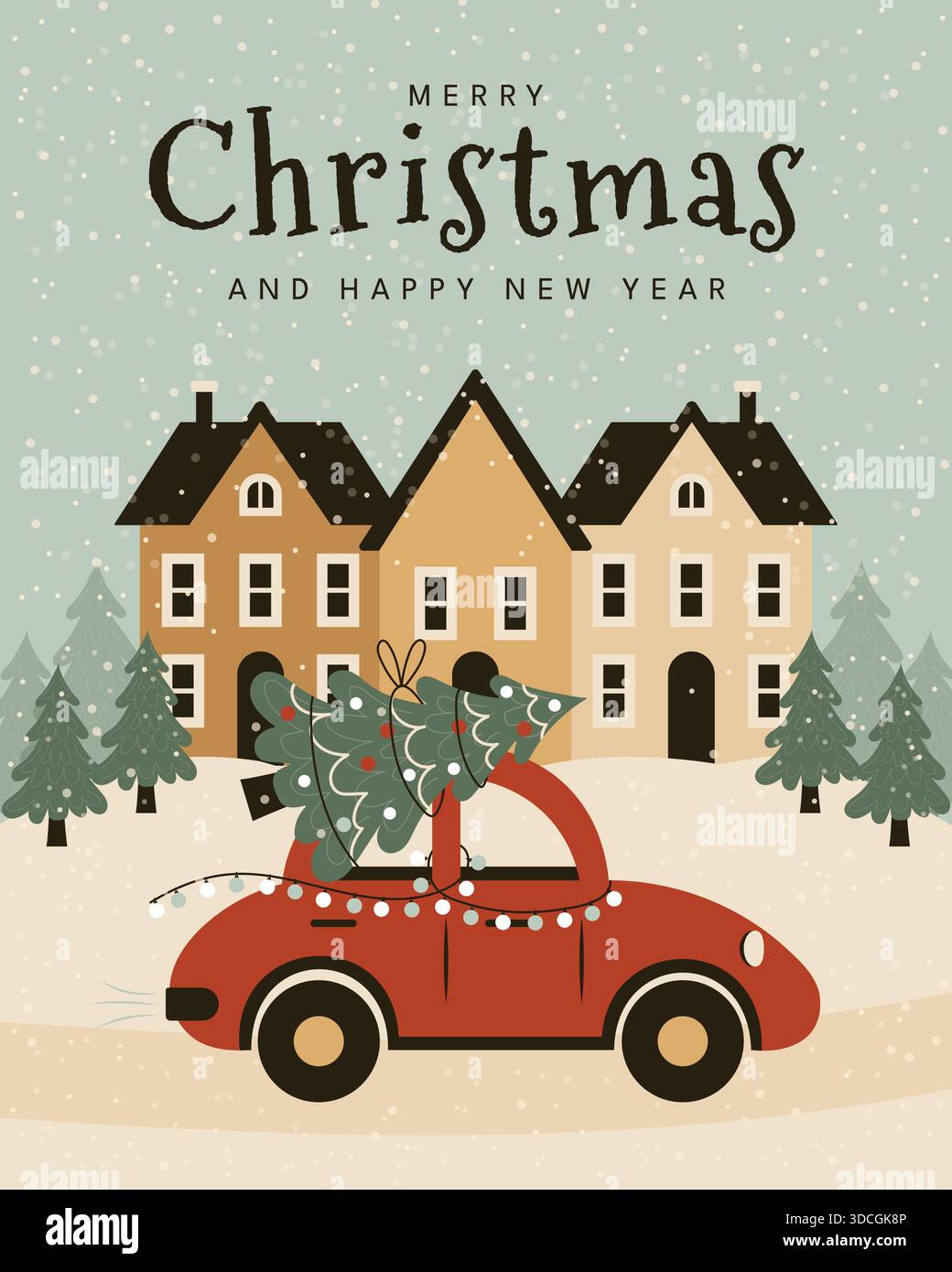 Buon Natale e felice Capodanno biglietto d'auguri con auto rossa che trasporta l'albero di natale in una città innevata. Illustrazione Vettoriale
