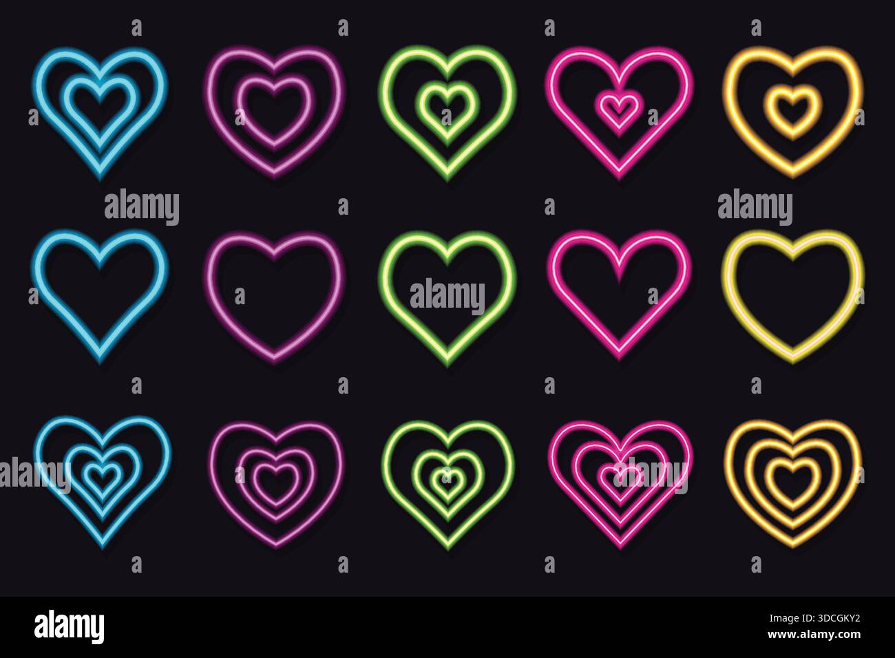 Set di coloratissimi cuori al neon che brillano per San Valentino e il design del matrimonio. Illustrazione Vettoriale