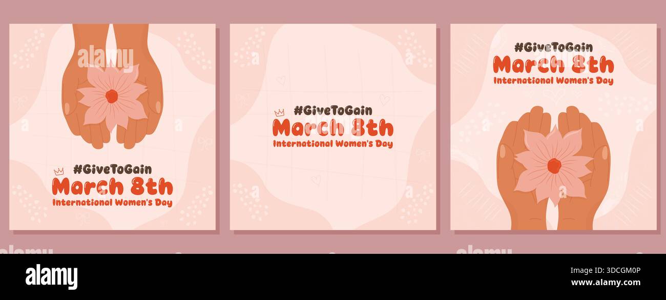 Post sui social media della giornata internazionale delle donne con le mani che tengono fiori e slogan della campagna givetogain. Illustrazione Vettoriale