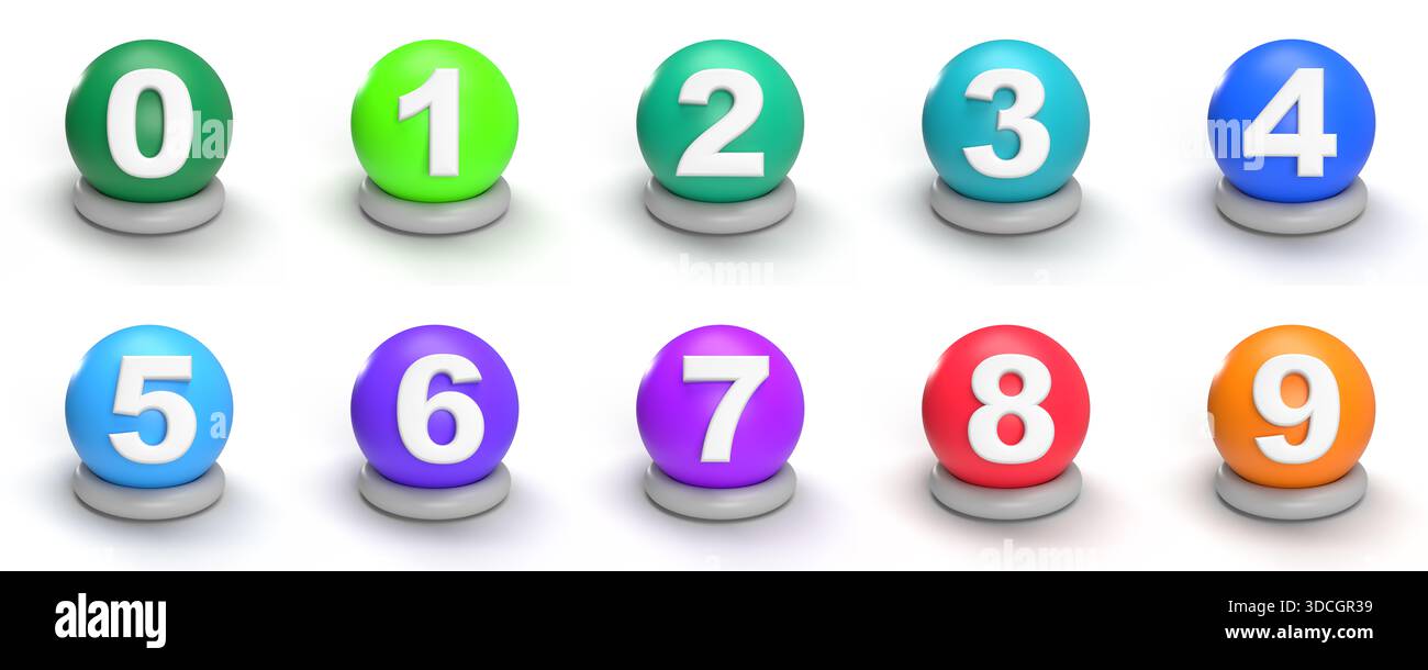 Rendering 3D dei numeri 0-9 su sfere colorate. Sfere di rendering 3D colorate e un concetto di 0-9 numeri per l'istruzione, foto aziendali Foto Stock