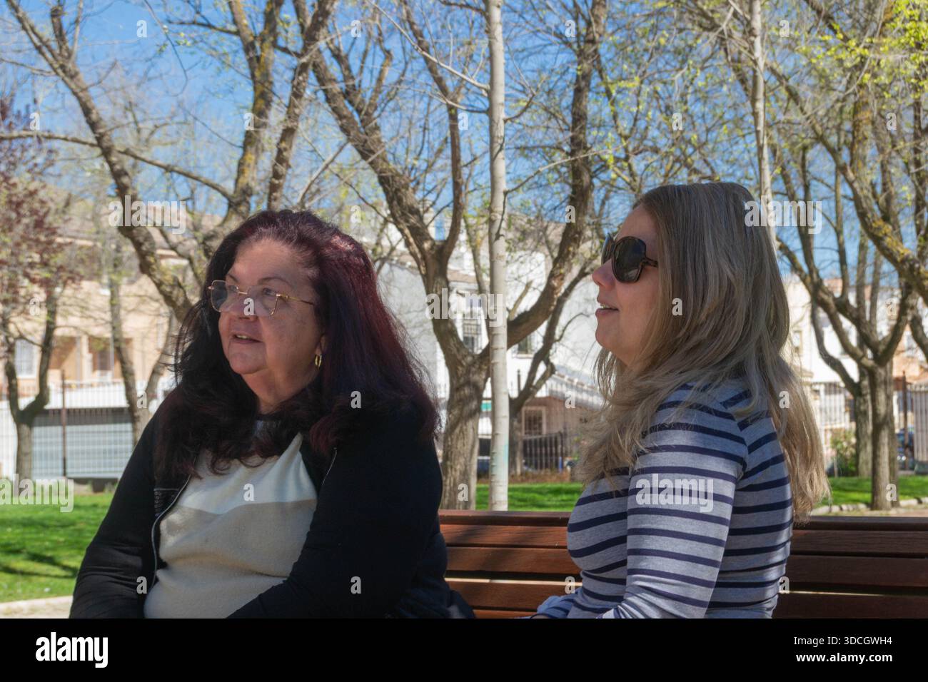Due donne sedute su una panchina in un parco si godono una conversazione in una giornata di sole Foto Stock