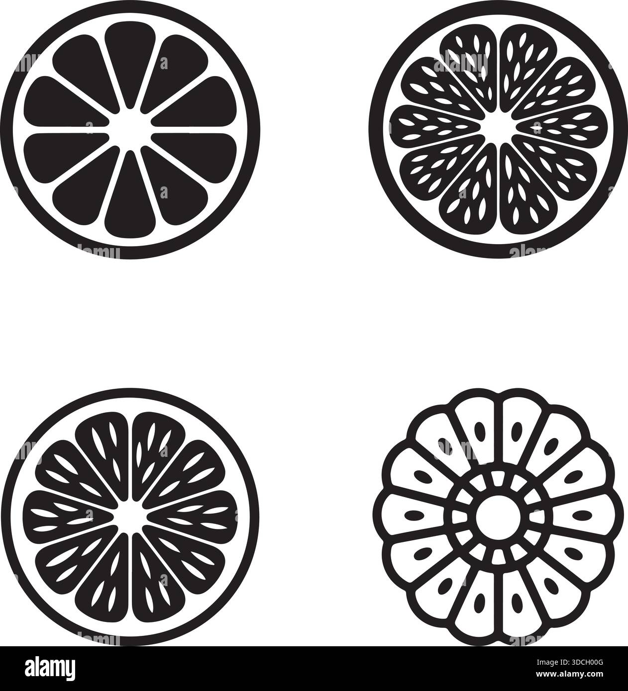 Icone vettoriali per la silhouette della fetta di agrumi Set di disegni rotondi di limone e frutta arancione Illustrazione Vettoriale