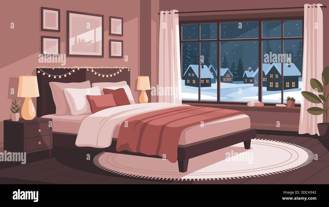 Accogliente camera da letto invernale con vista sulla neve Illustrazione Vettoriale