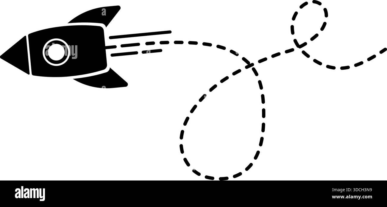 Icona Rocket con una linea tratteggiata che forma un grande giro e un piccolo giro. Illustrazione Vettoriale