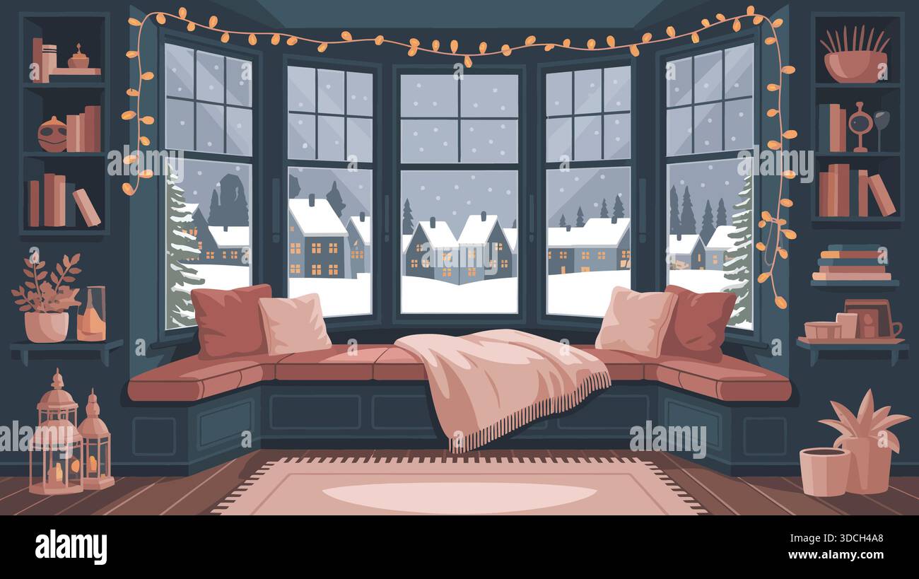 Accogliente soggiorno invernale con vista sulla neve Illustrazione Vettoriale