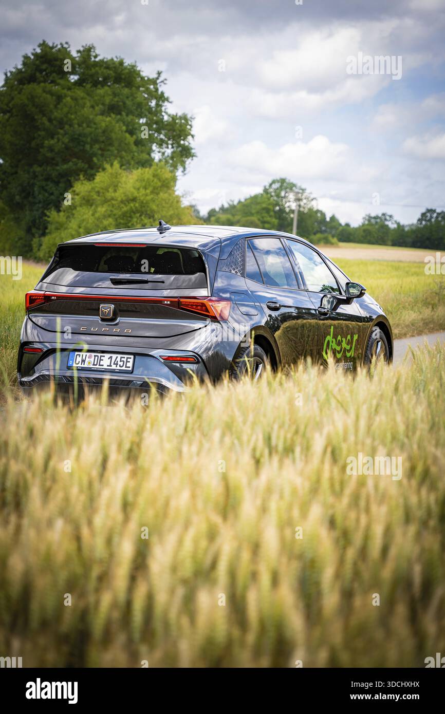 Guida su una strada di campagna attraverso un campo verde, Deer e-Car Sharing, Cupra Electric car, Germania Foto Stock