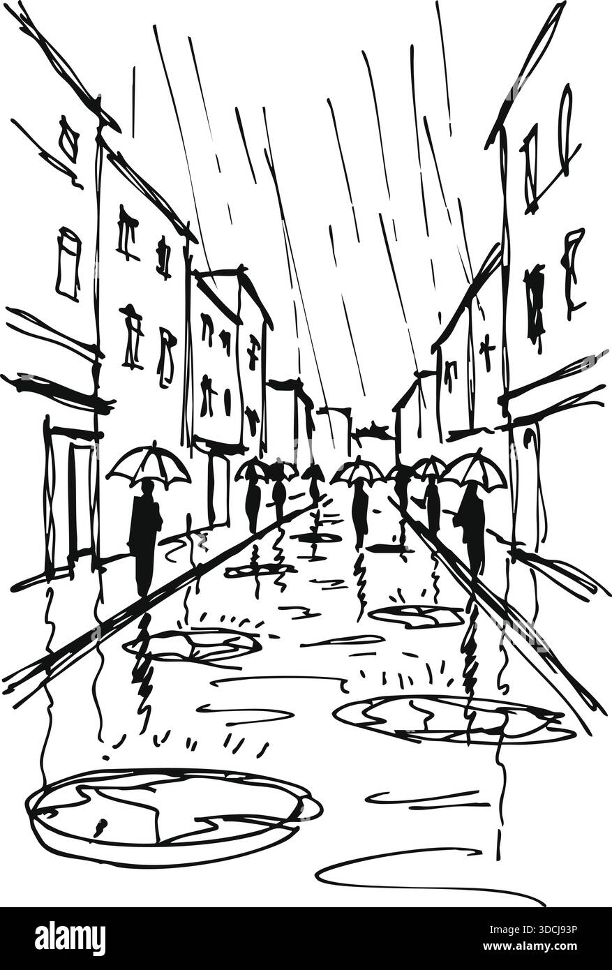 Disegno prospettico di una strada stretta con pioggia cadente e pozzanghere che riflettono gli edifici. Illustrazione Vettoriale