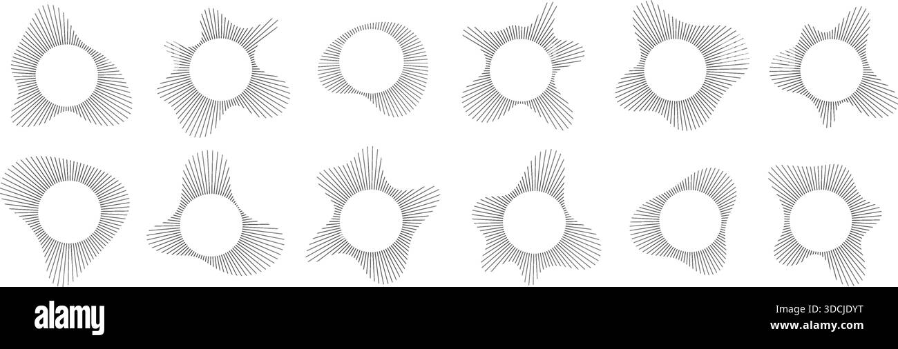 Visualizzazione del suono circolare con set vettoriale di pattern a forma d'onda radiale. Forma di burst geometrica dell'anello dello spettro audio astratto. Illustrazione Vettoriale