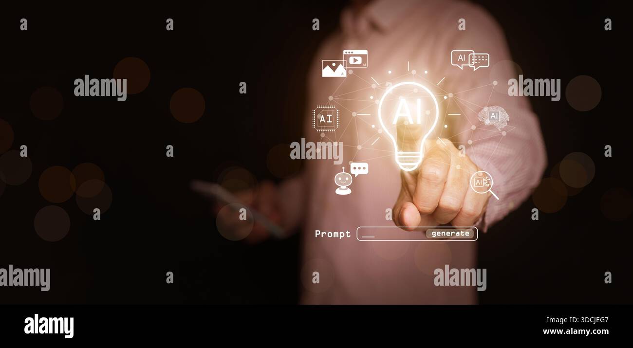 Tecnologia degli strumenti di INTELLIGENZA ARTIFICIALE utilizzata da un uomo con smartphone. Lampadina e icone luminose. Intelligenza artificiale generativa per la creazione di contenuti, chatbot, ima Foto Stock