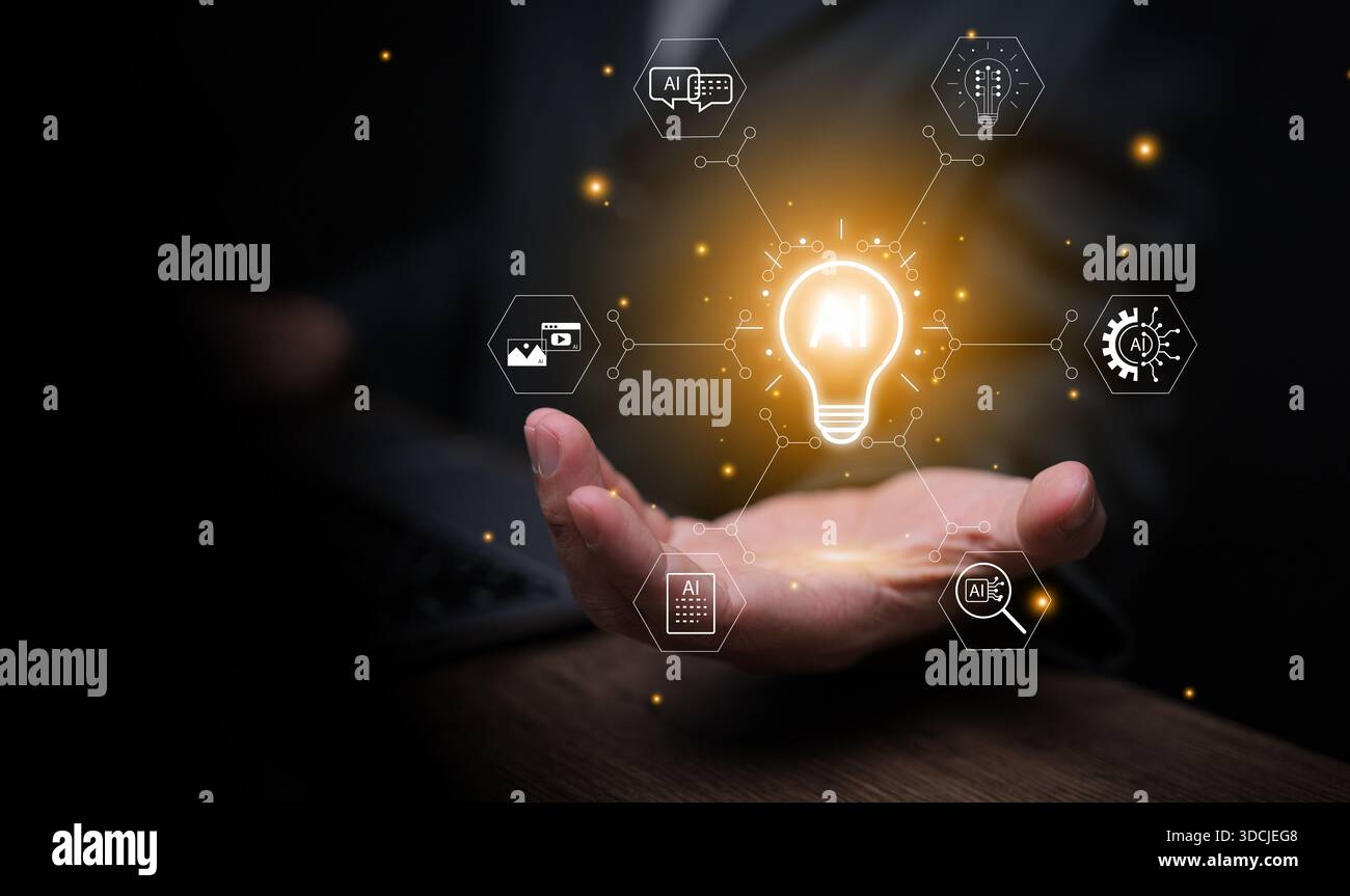 Concetto di strumenti DI INTELLIGENZA ARTIFICIALE con lampadina luminosa che simboleggia l'intelligenza artificiale generativa per creare immagini, video, documenti e dati, rappresentando Foto Stock