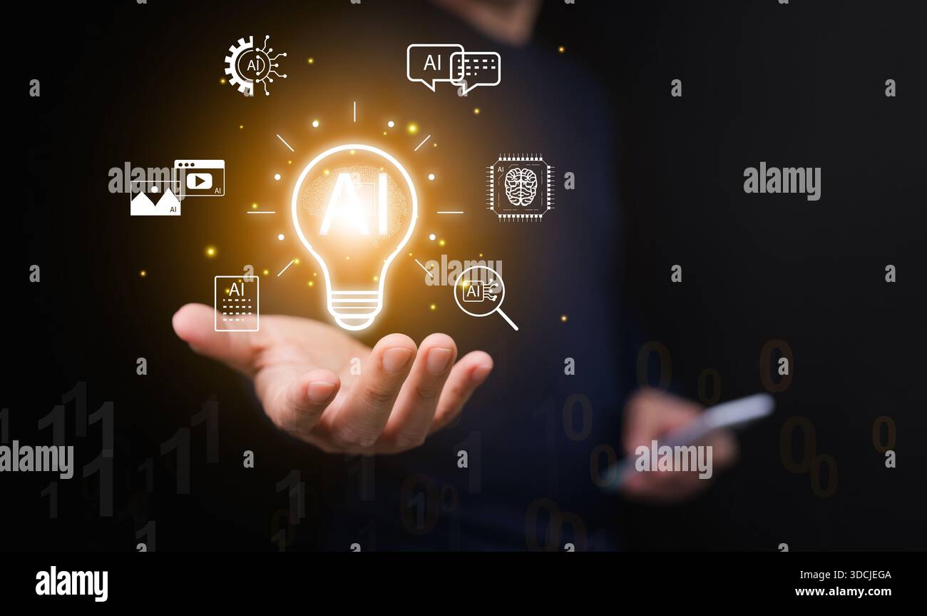 Tecnologia degli strumenti di INTELLIGENZA ARTIFICIALE con lampadina luminosa in mano all'uomo con smartphone. Soluzioni generative di intelligenza artificiale per la creazione di immagini, video, documenti Foto Stock