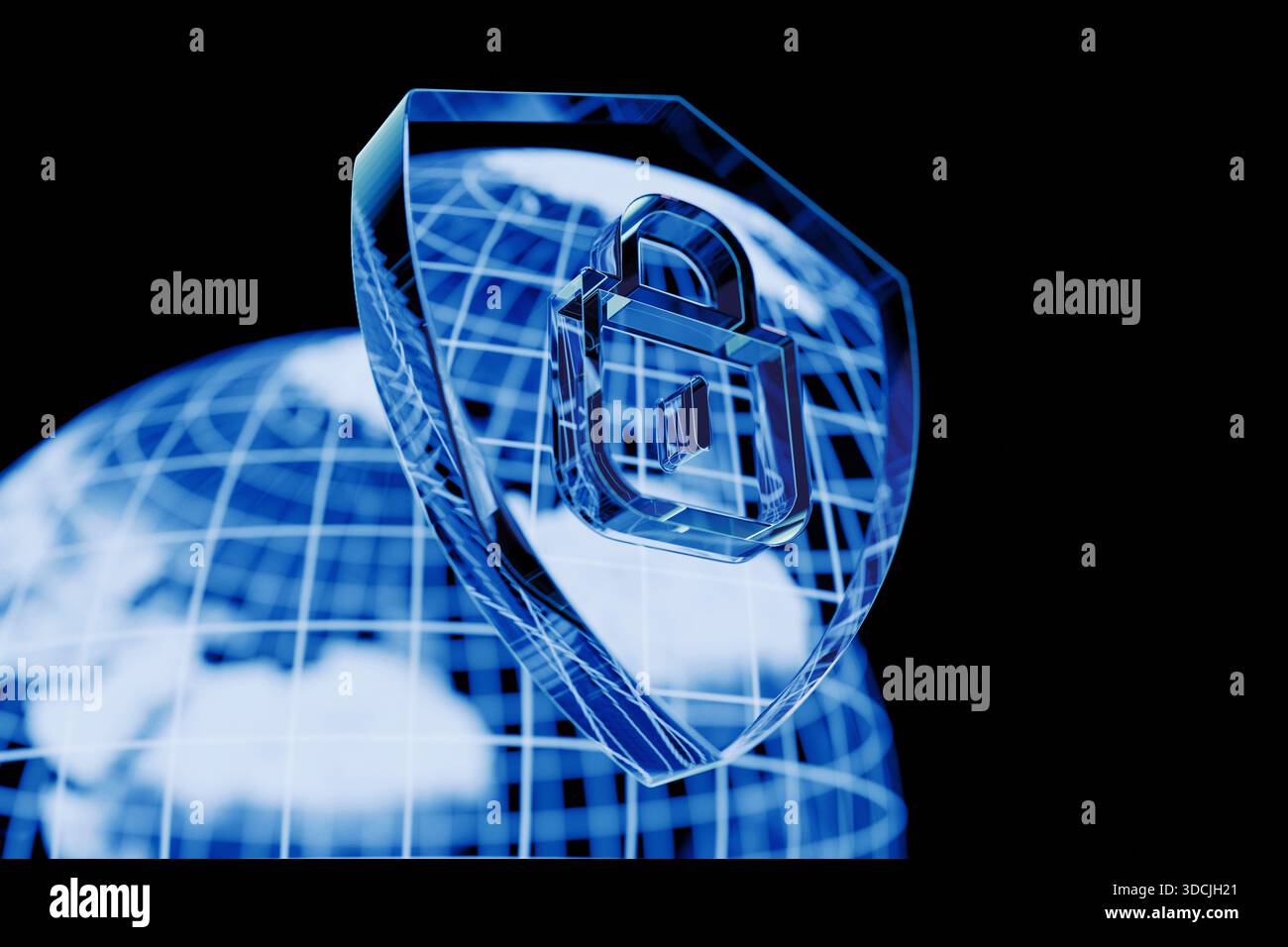 Scudo 3D con simbolo di lucchetto sul globo digitale, che rappresenta la cybersicurezza globale, la protezione dei dati online, la privacy su Internet e la sicurezza in tutto il mondo Foto Stock