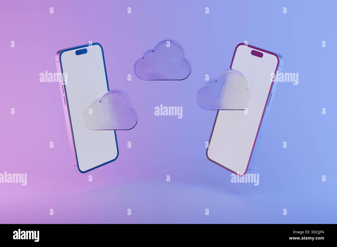 Due smartphone moderni con schermi vuoti e icone cloud mobili, che simboleggiano l'archiviazione cloud, il trasferimento online dei dati, la sincronizzazione e la tecnologia digitale Foto Stock