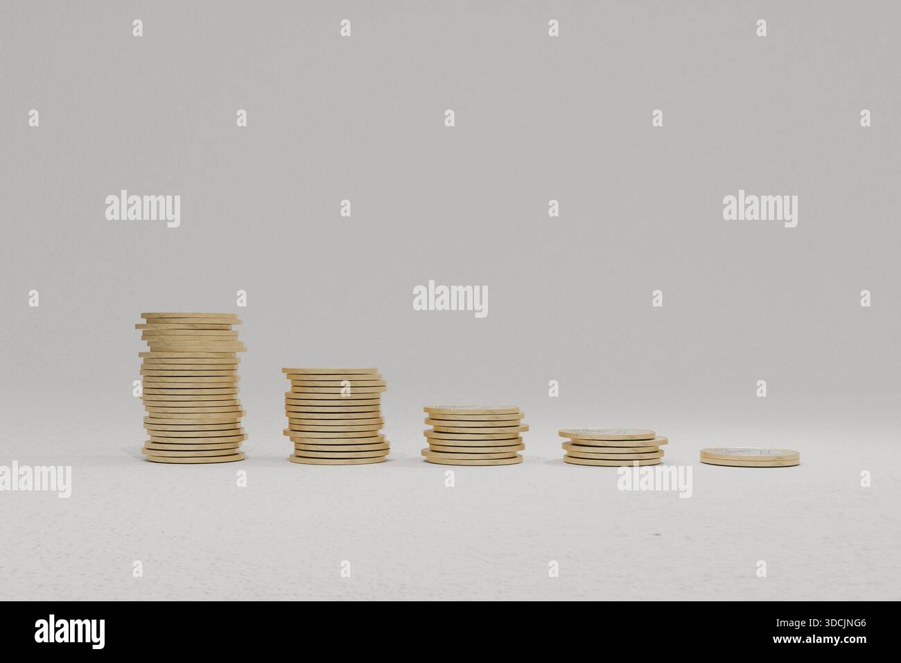 Pile di monete che rappresentano l’inflazione, l’aumento dei prezzi, il calo del valore valutario e l’impatto dei cambiamenti economici sui risparmi finanziari. Crisis ed io Foto Stock