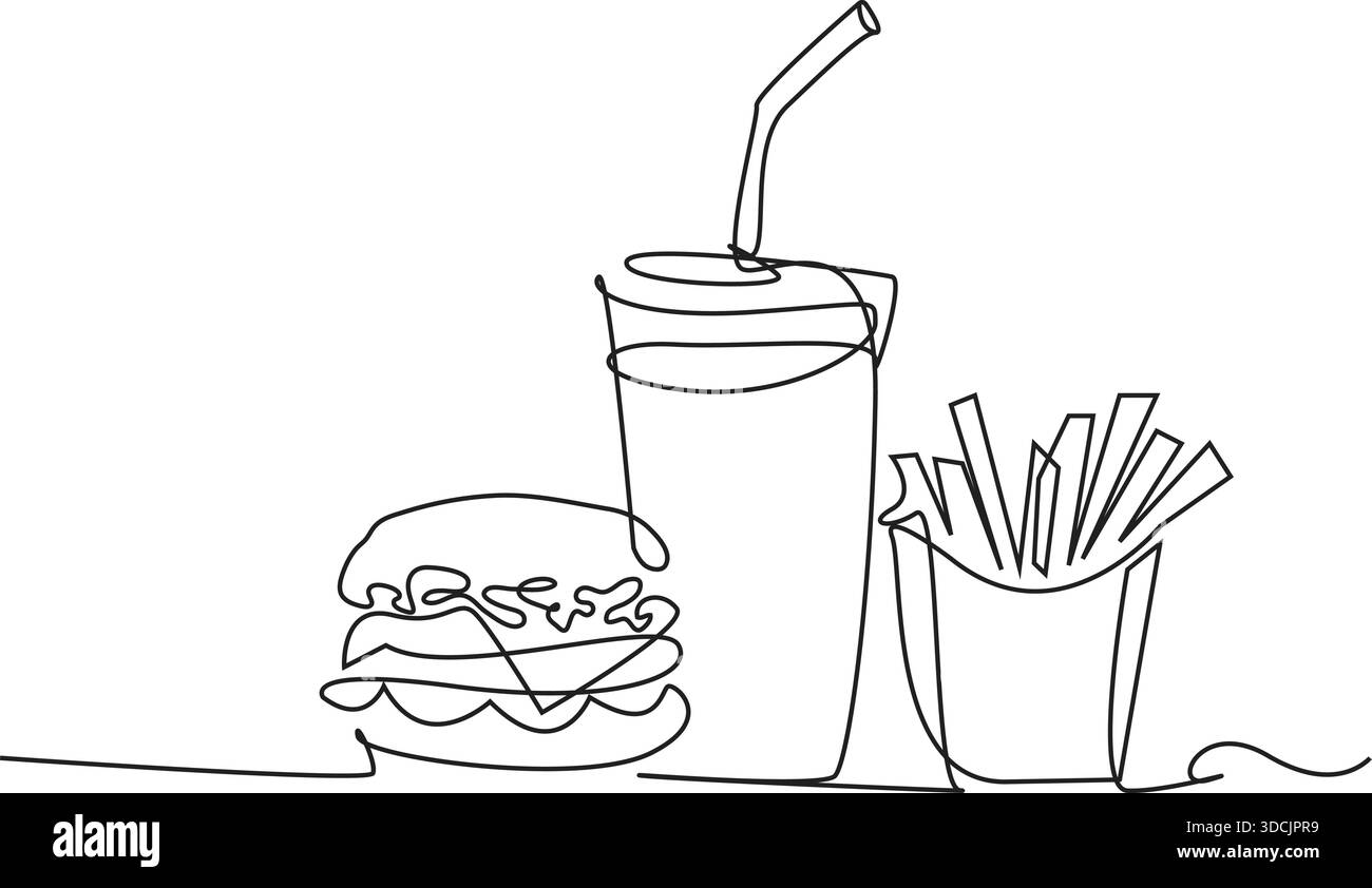 Estrazione di una riga di Fast Food Combo con tazza di bibite gassate e patatine fritte Illustrazione Vettoriale