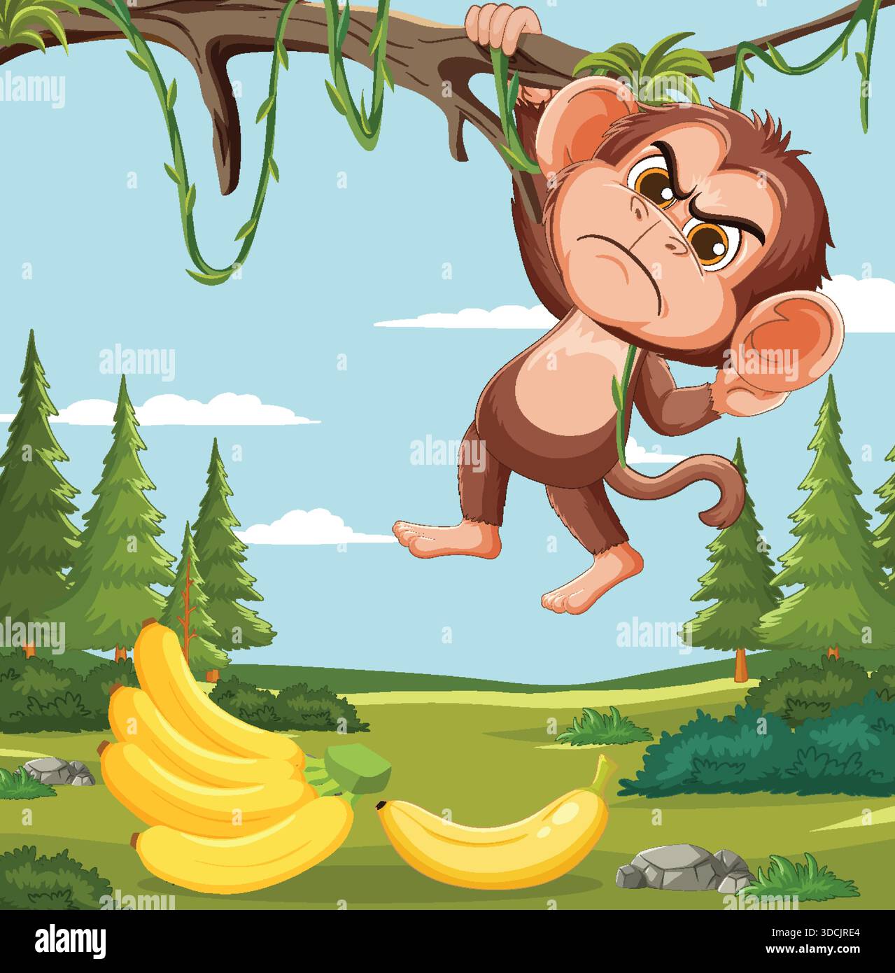 La scimmia dei cartoni animati è appesa al ramo, alla rana, sopra le banane, in un luminoso paesaggio forestale, in stile vettoriale Illustrazione Vettoriale