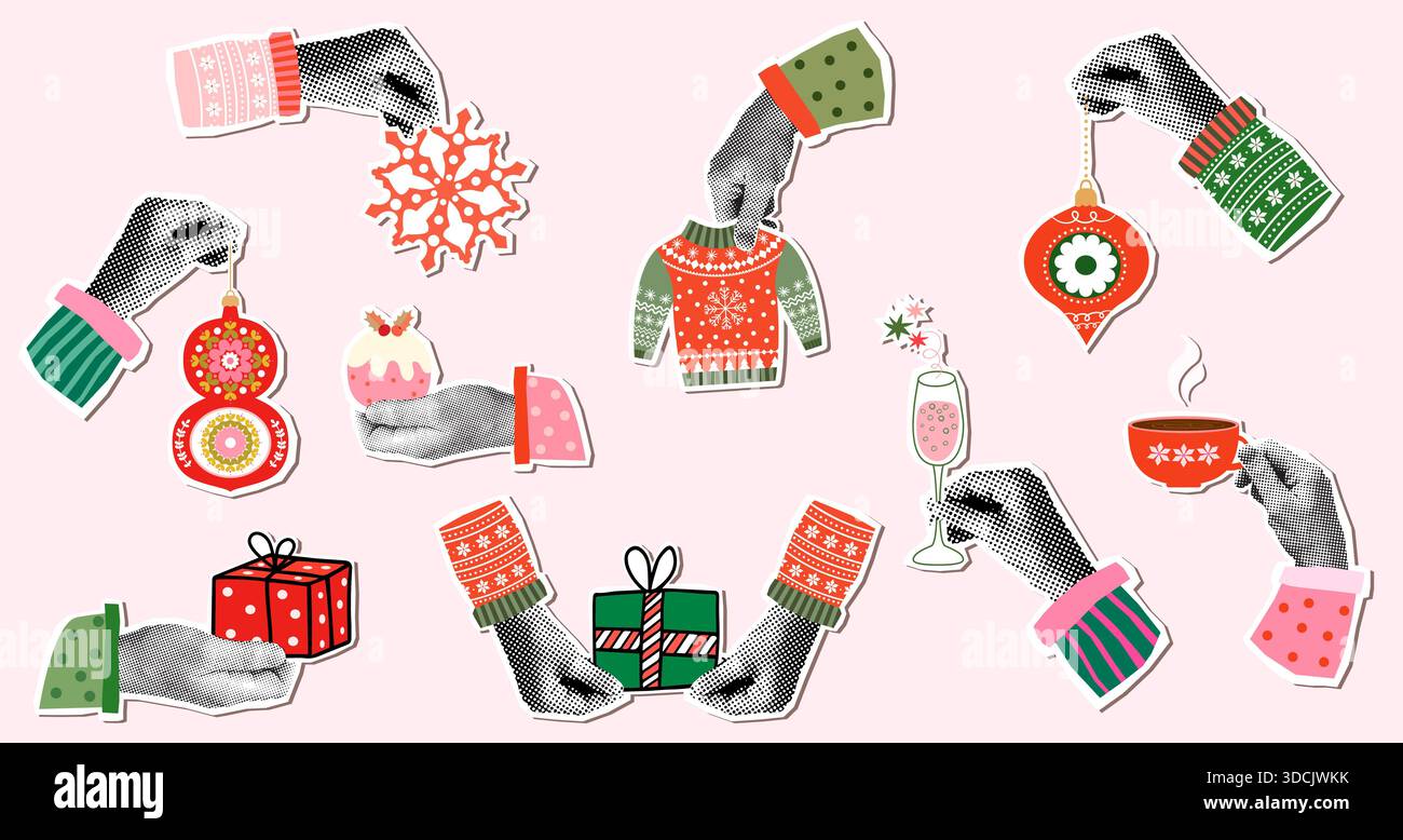 Set vettoriale natalizio con mani mezzitoni che reggono oggetti natalizi: Regalo, champagne, ornamento, fiocco di neve, budino e maglione brutto, divertente design collage Illustrazione Vettoriale