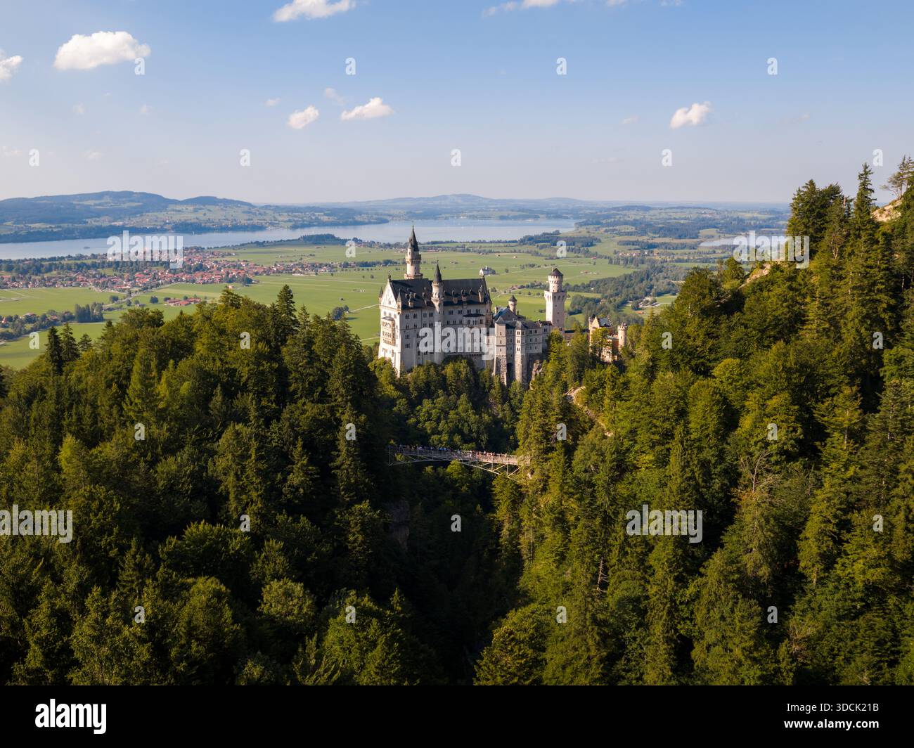 Vista aerea del castello di Neuschwanstein arroccato in cima a una collina verdeggiante, incorniciato da un lago lontano e da una vegetazione lussureggiante, una visione fiabesca in Baviera, Schwangau Foto Stock