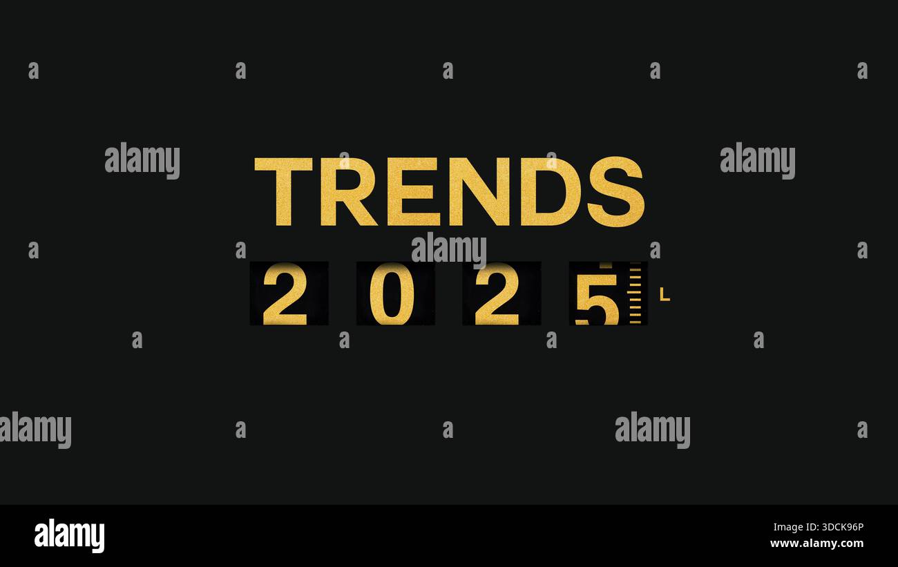 Trends 2025 lettere in oro da banco su sfondo scuro. Tendenze, idee creative. Carta Luxury Foto Stock