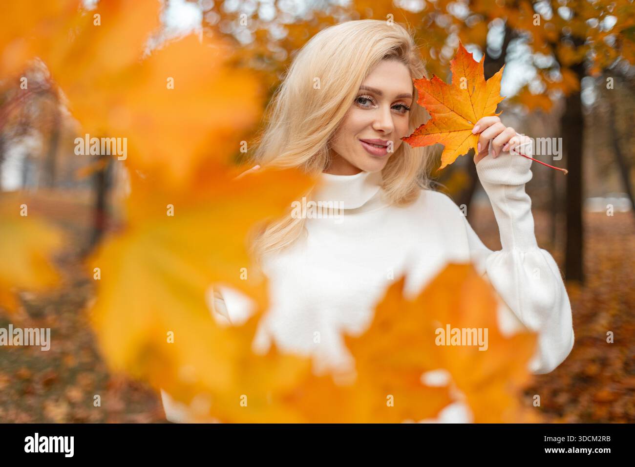Donna attraente in un abbigliamento accogliente che gode della natura durante la stagione autunnale. Una ragazza di tendenza positiva ha una brillante foglia di acero giallo colorato. Umore autunnale e. Foto Stock