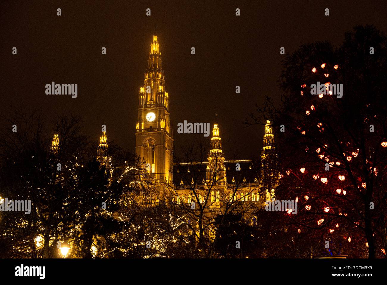 Torre gotica illuminata del municipio di Vienna di notte con luci festive durante il periodo natalizio. Foto Stock