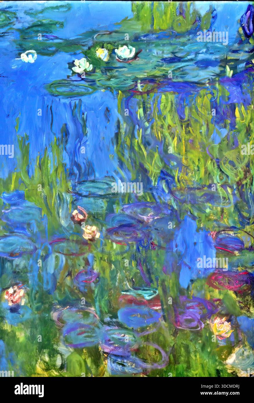 Claude Monet, ninfee (Nymphéas), 1914–17, olio su tela, sereno laghetto impressionista nel giardino di Giverny. Illustrazione Vettoriale