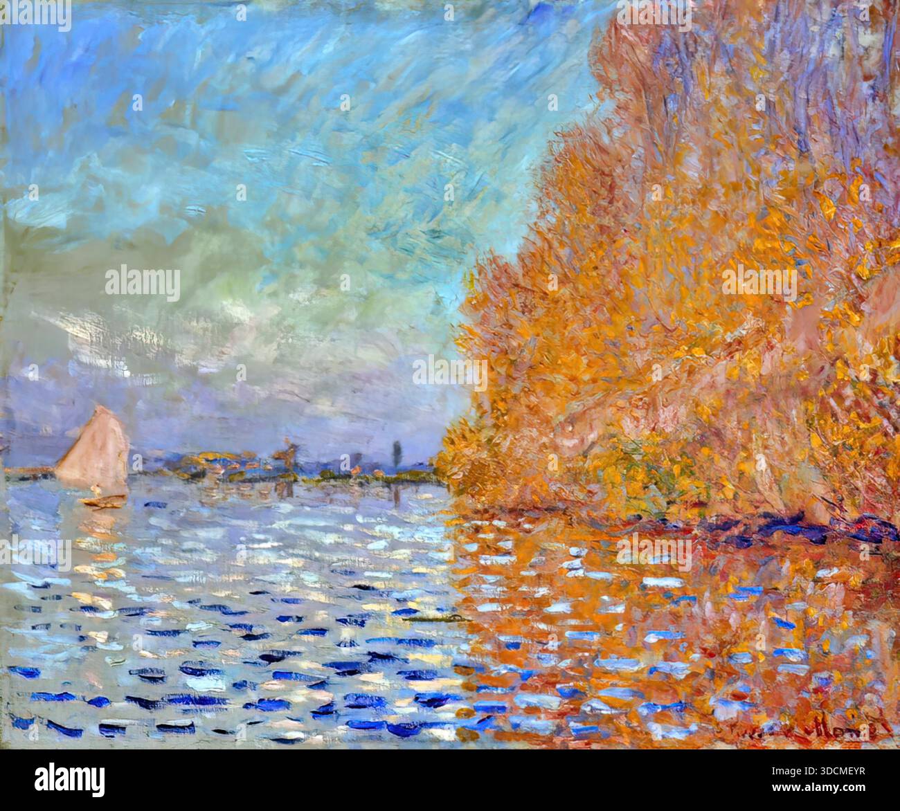 Claude Monet, bacino Argenteuil con una barca a vela singola, 1874, olio su tela, serena vista sul fiume impressionista sulla Senna. Illustrazione Vettoriale