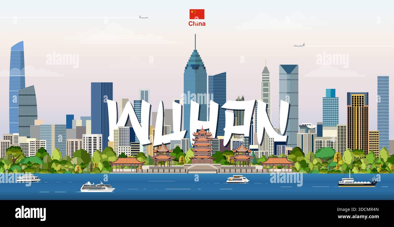 Paesaggio urbano di Wuhan illustrazione vettoriale colorata con il nome della grande città sullo sfondo. Poster di tendenza per i viaggi Illustrazione Vettoriale