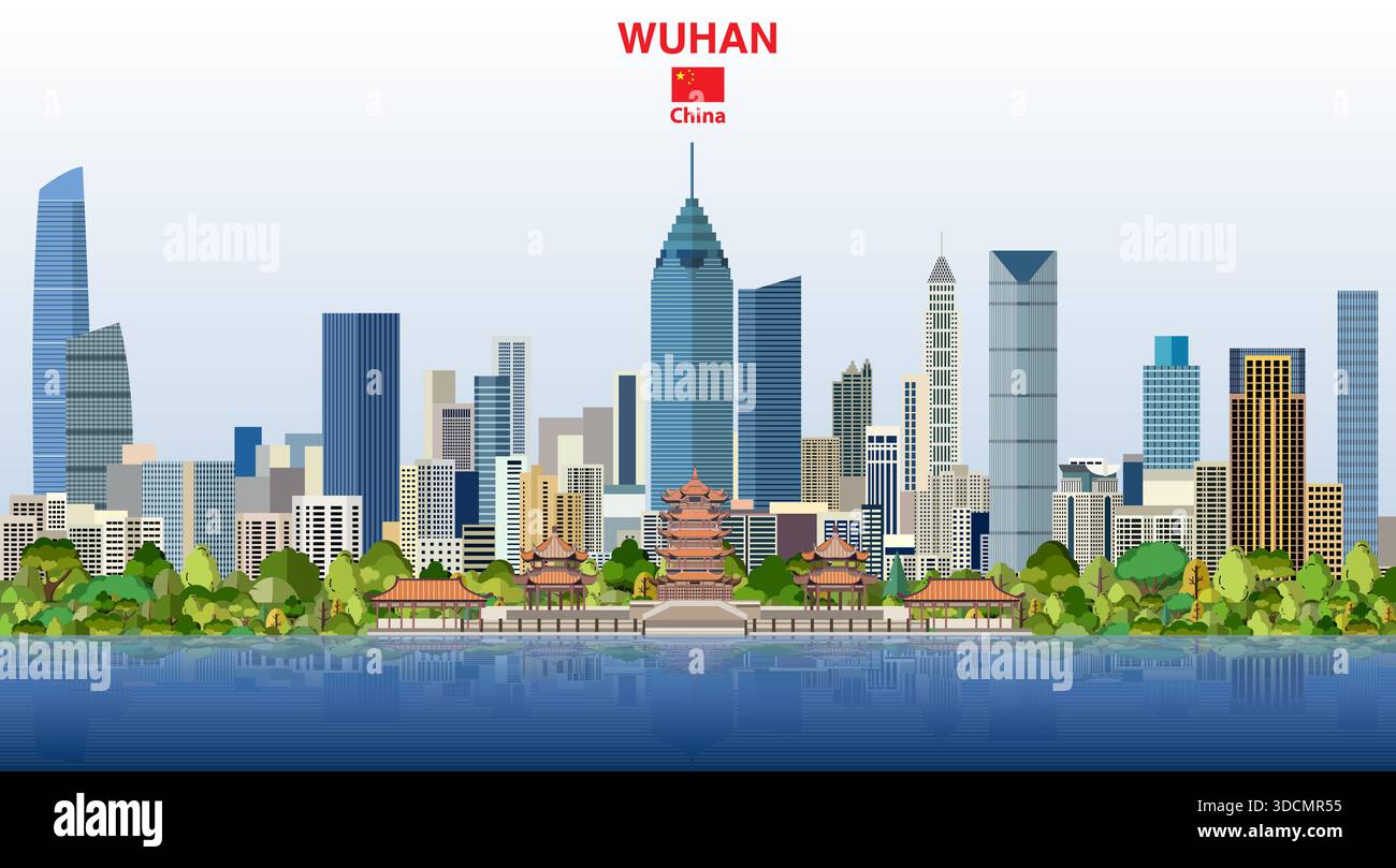 Skyline della città di Wuhan su uno splendido sfondo di cielo diurno. Illustrazione vettoriale Illustrazione Vettoriale