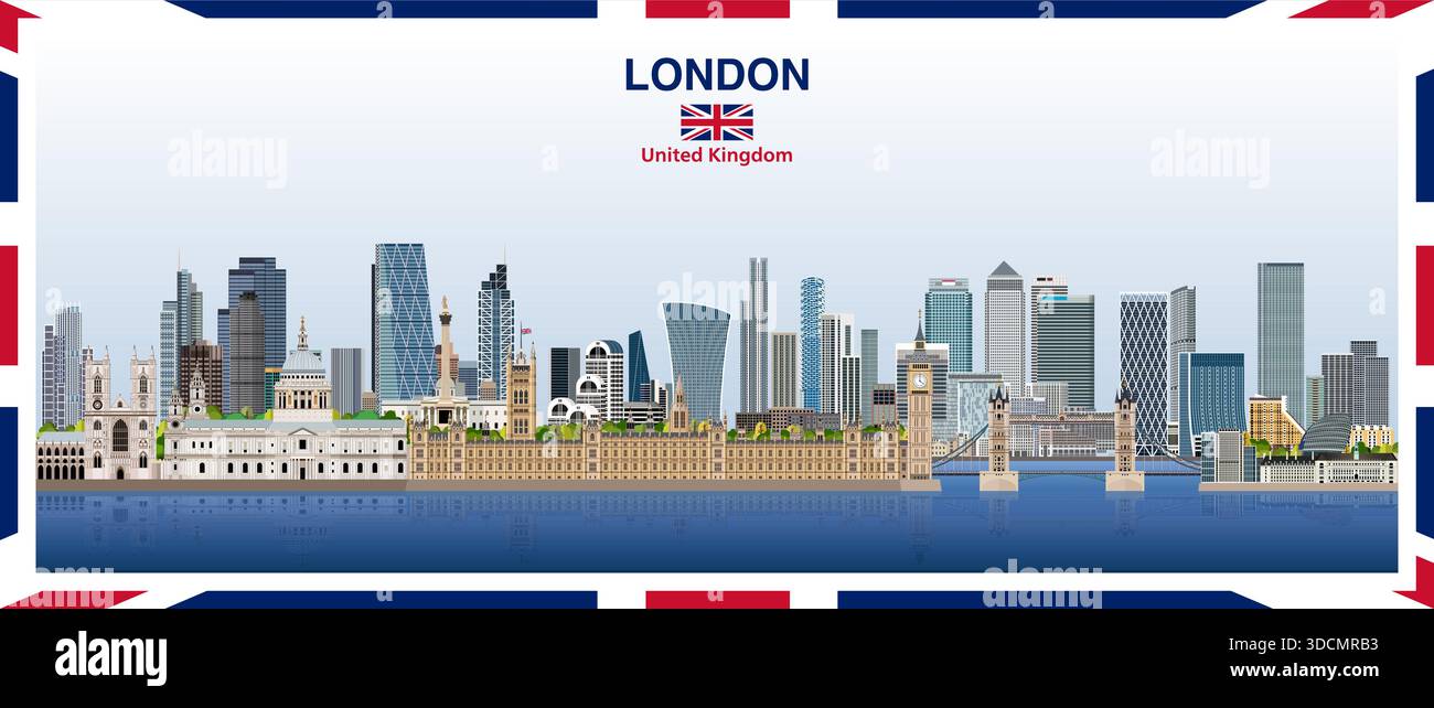 Skyline stilizzato astratto della città di Londra con un bordo incorniciato nei colori della bandiera del Regno Unito. Illustrazione vettoriale Illustrazione Vettoriale