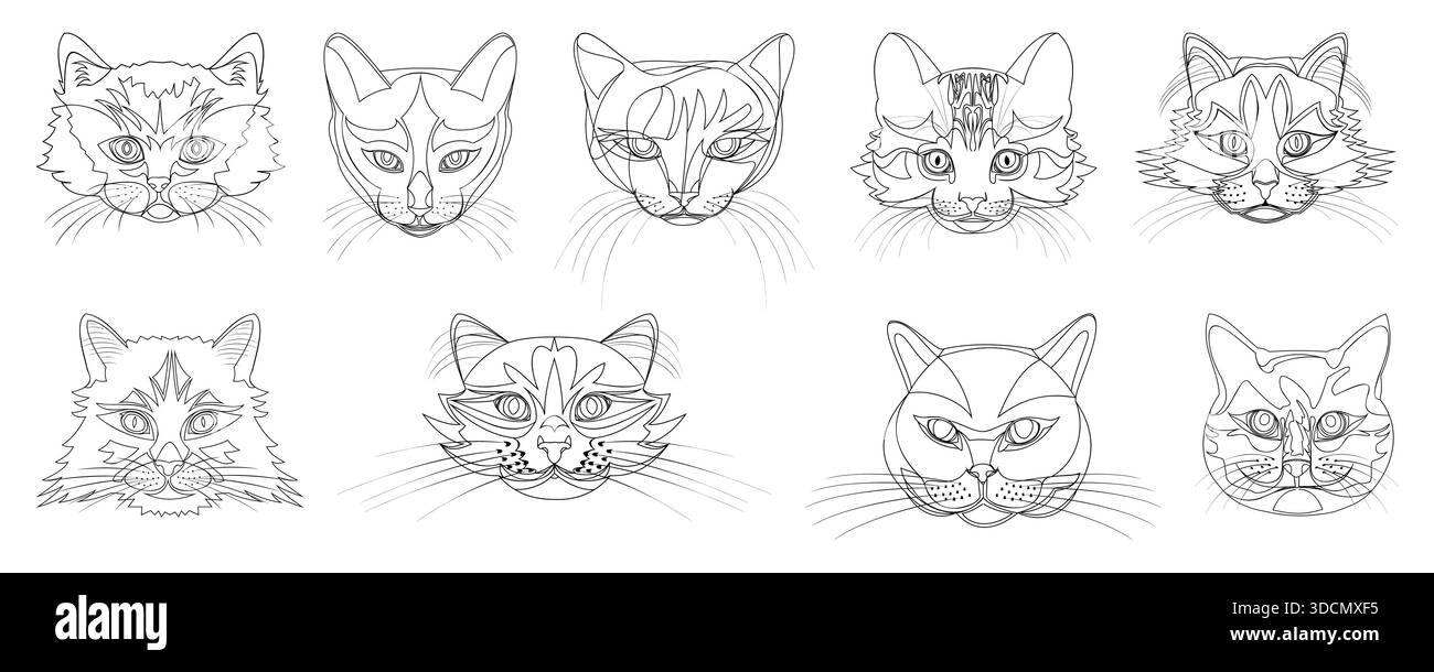 Set di nove facce di gatto in bianco e nero su sfondo bianco Illustrazione Vettoriale