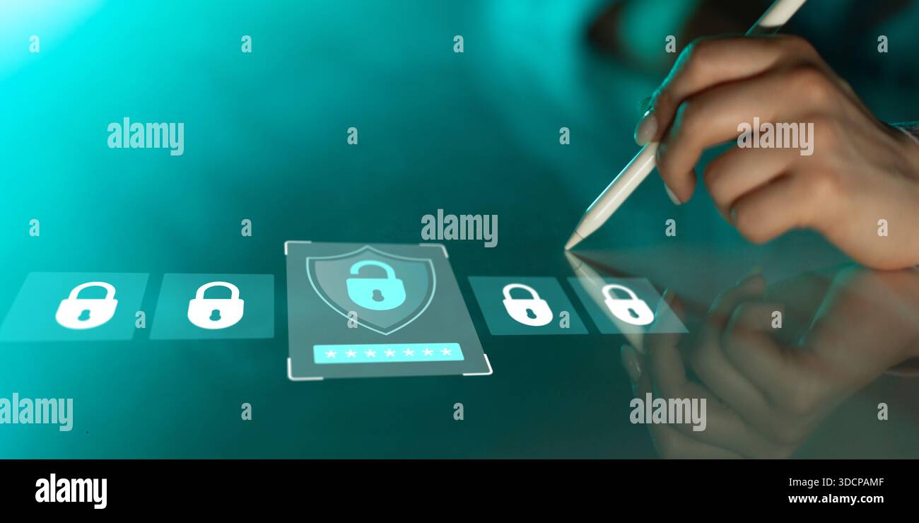 Blocchi e scudi di sicurezza digitale per una moderna protezione dei dati. Foto Stock