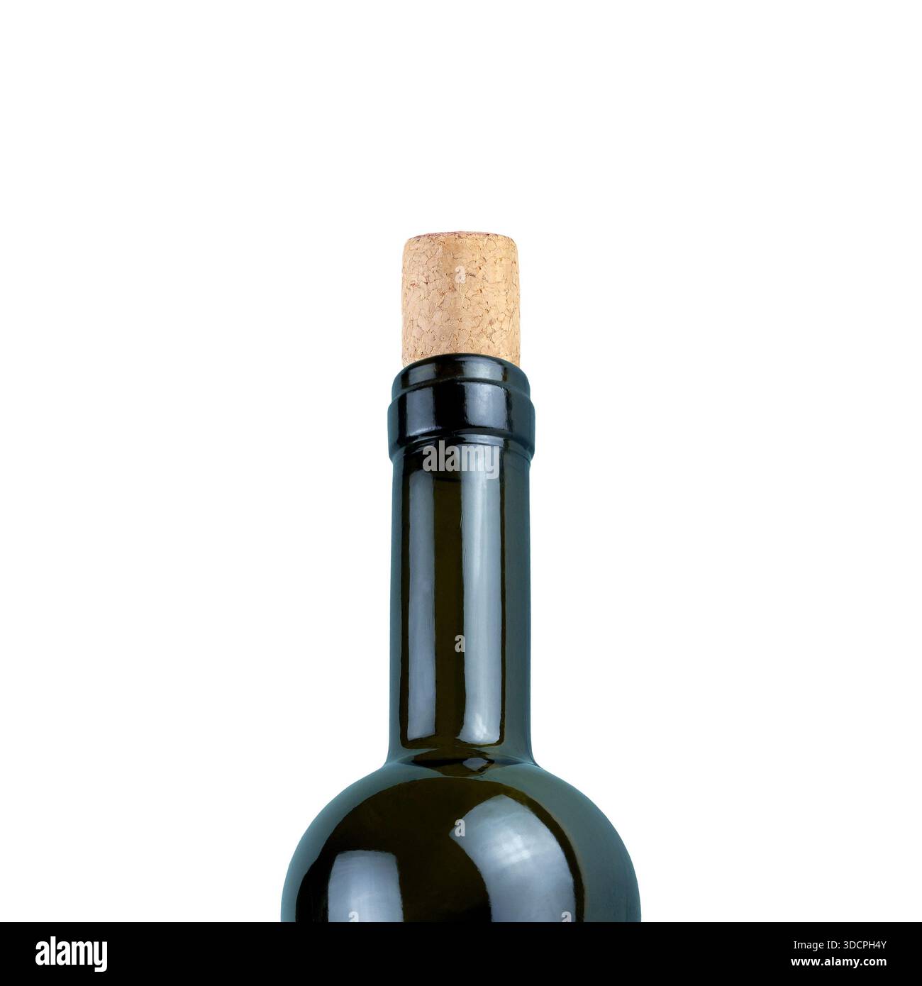 Primo piano di una bottiglia di vino con sughero isolato su sfondo bianco Foto Stock