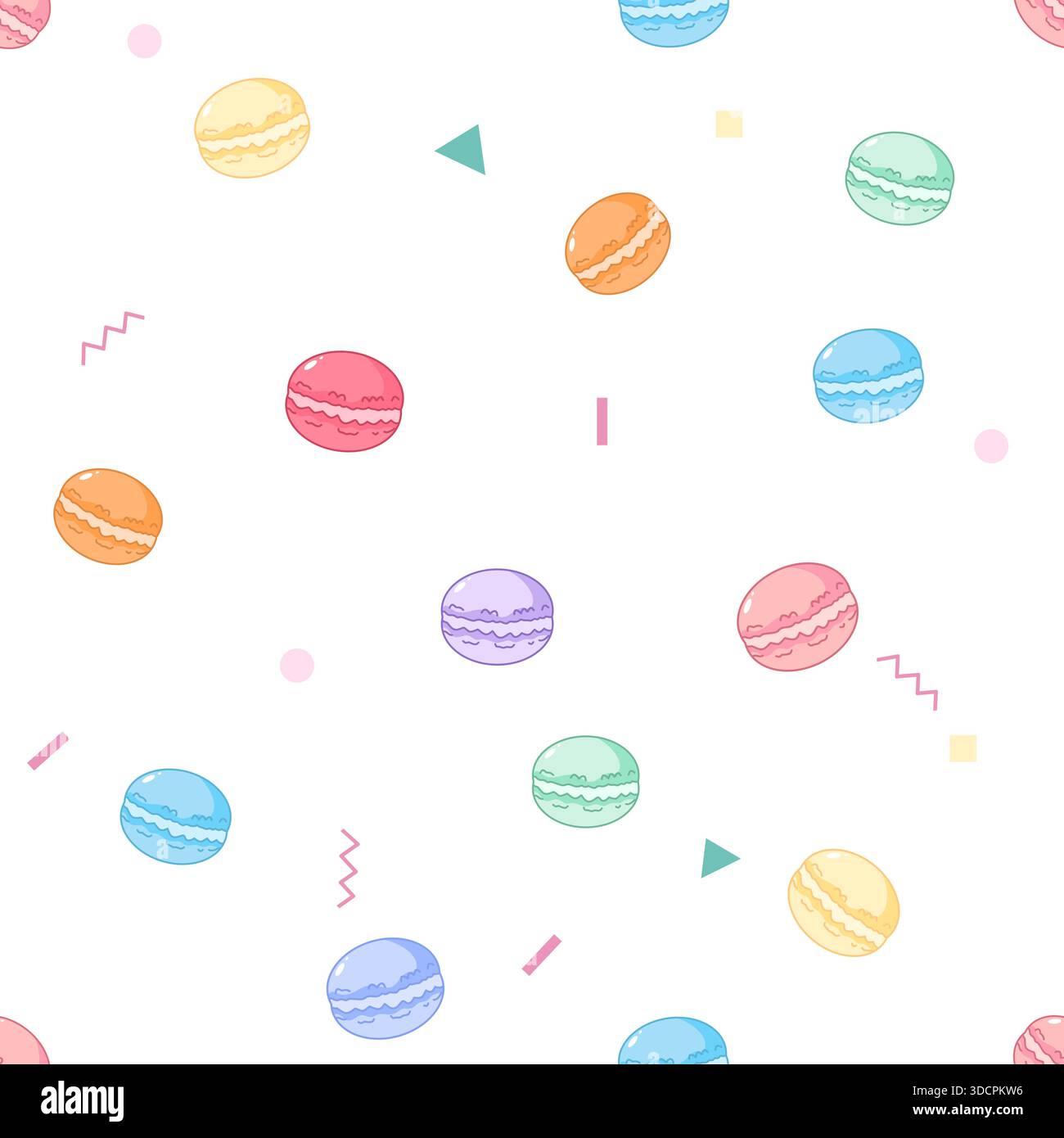 Grazioso motivo vettoriale senza cuciture con macaron colorati disegnati a mano e forme geometriche pastello. Dolce sfondo da dessert perfetto per la carta da parati, fabri Illustrazione Vettoriale